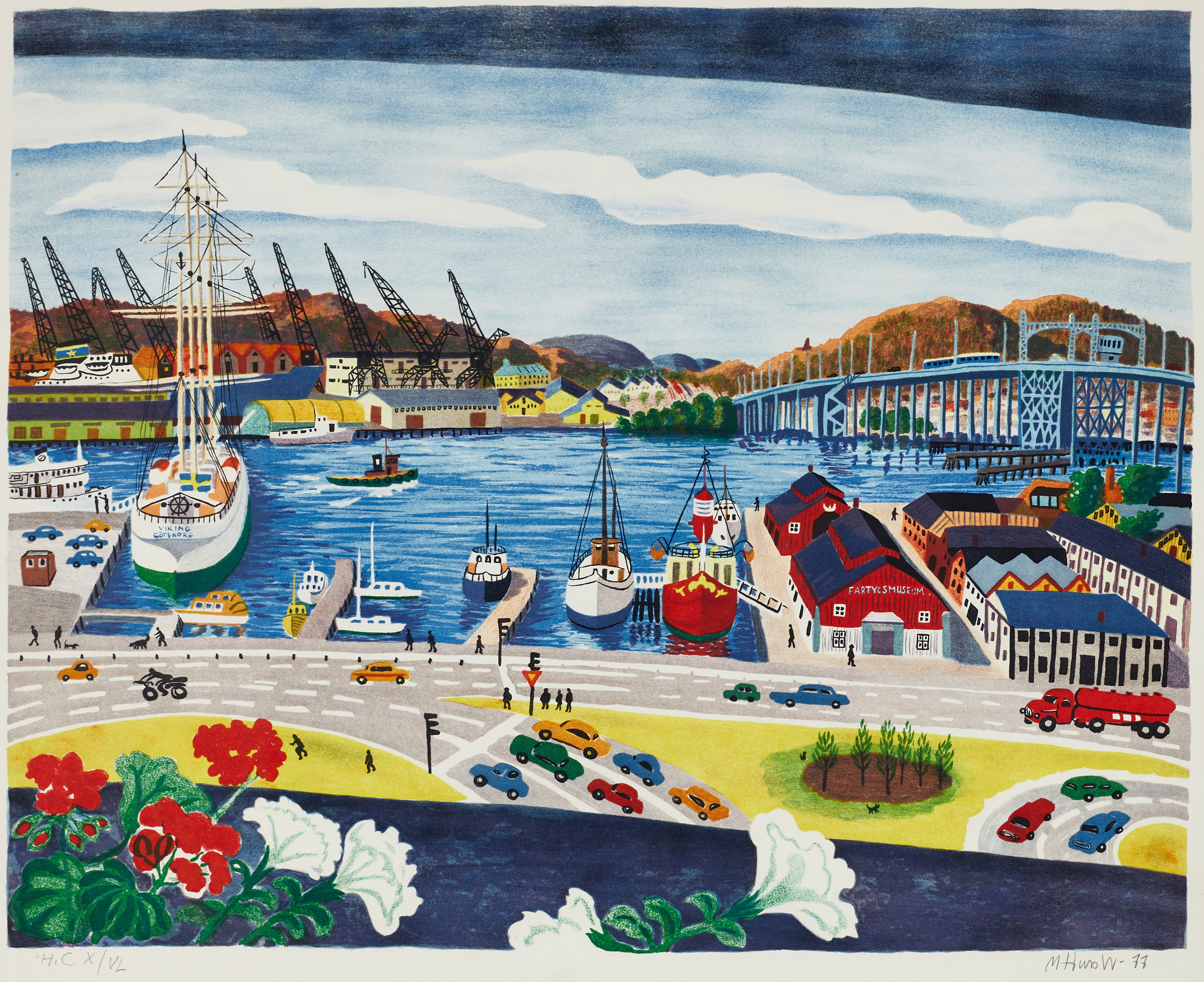 MONA HUSS WALIN (född 1944). "Lilla Bommen", Göteborgs hamn, signerad och daterad -77, H.C X/VL, färglitografi.