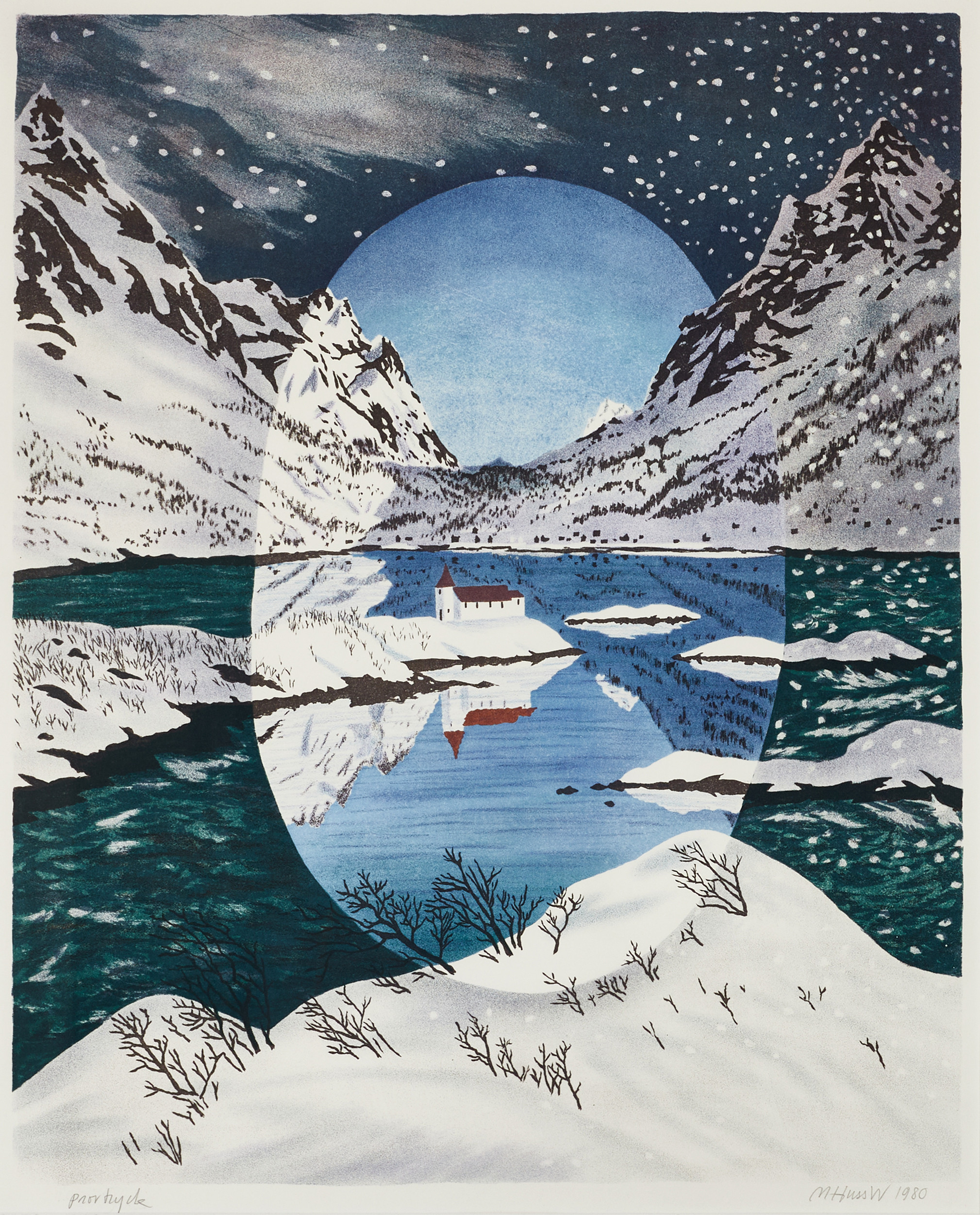 MONA HUSS WALIN (född 1944). "Kyrkan", ("Fjordlandskap"), signerad och daterad 1980, provtryck, färglitografi.