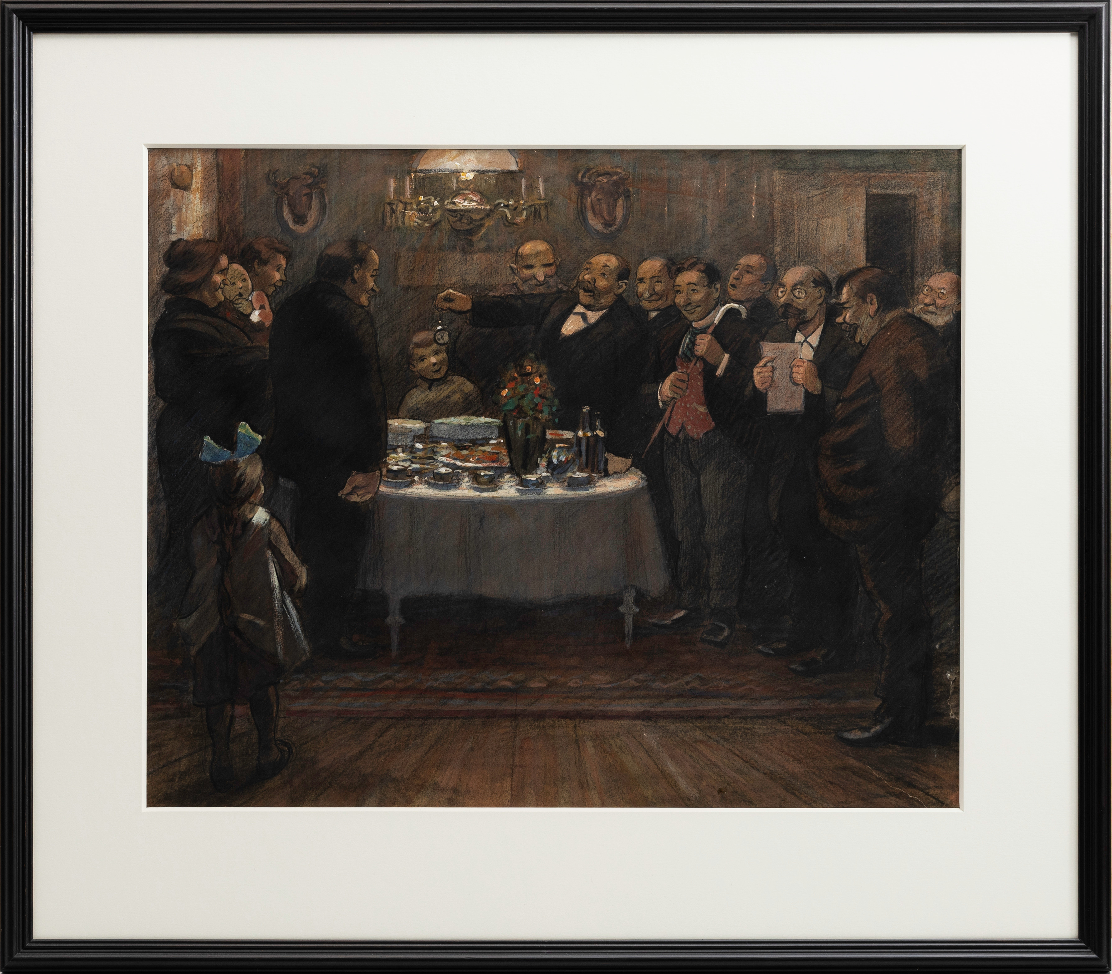 OKÄND KONSTNÄR. Interiör med firande sällskap, gouache.