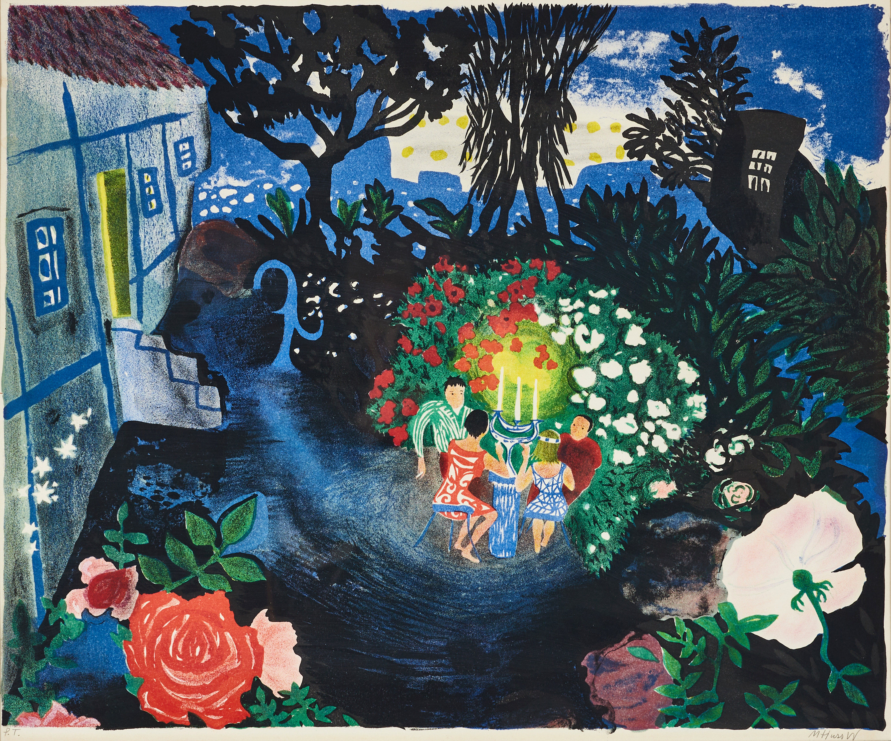 MONA HUSS WALIN (född 1944). "Sommarnatt", 1972, signerad M Huss W, P.T., färglitografi.