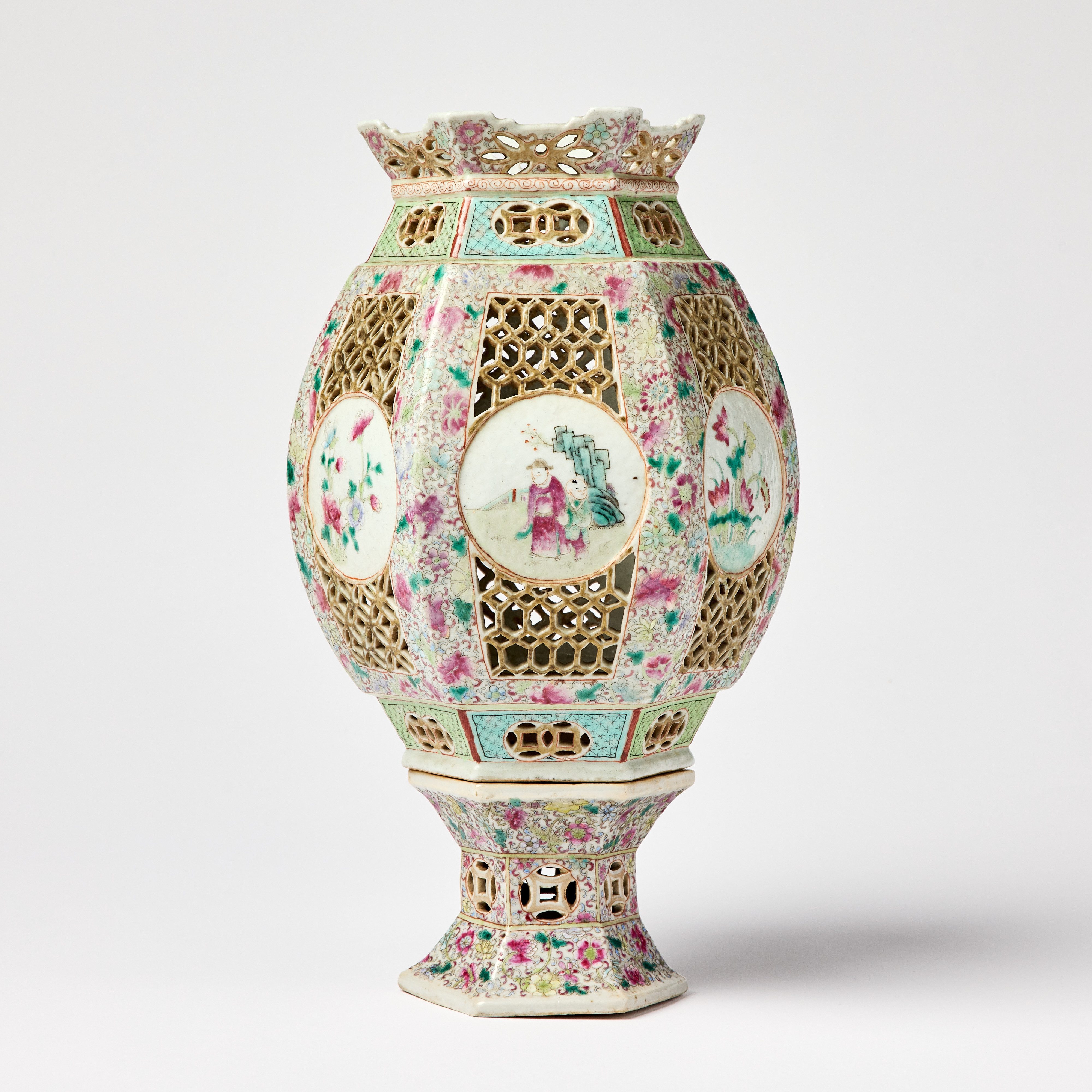 A Chinese Reticulated Famille Rose Lantern Lamp and Stand.