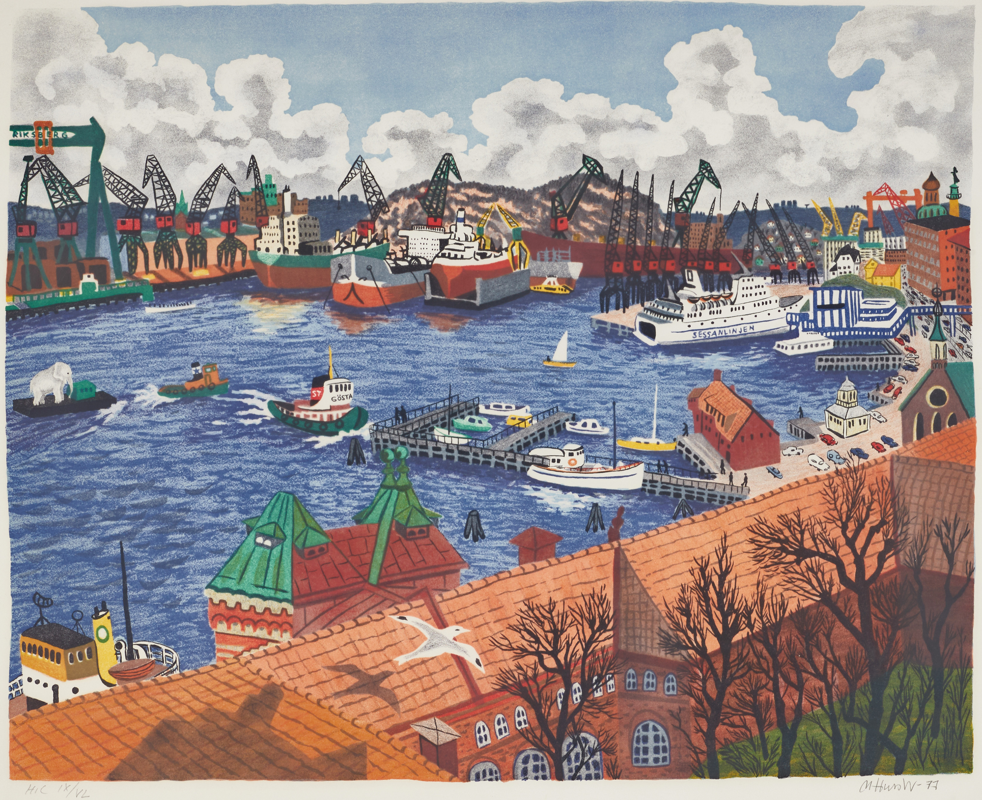 MONA HUSS WALIN (född 1944). "Eriksberg", Göteborgs hamn, signerad och daterad -77, H.C IX/VL, färglitografi.