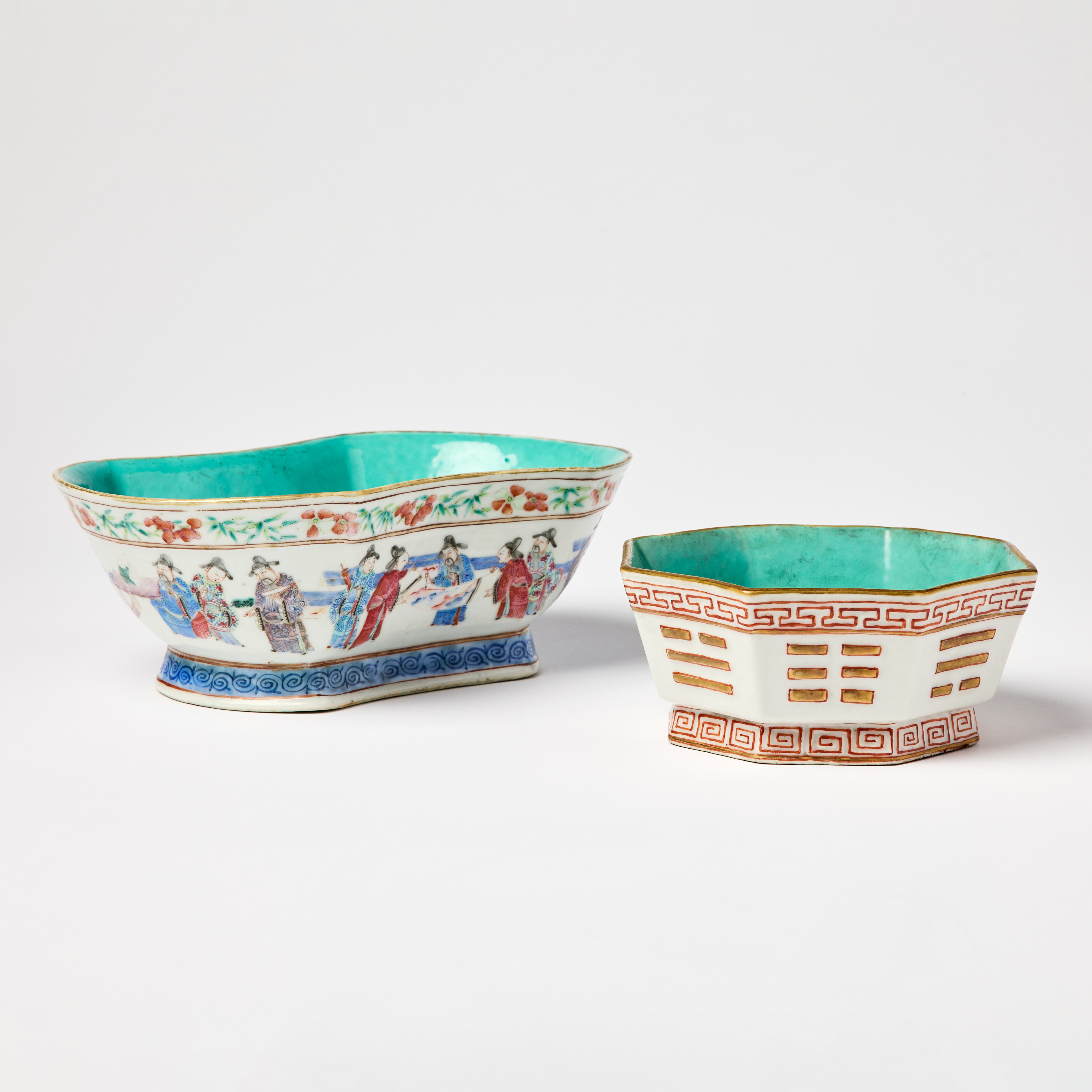 Two Chinese Enamelled Bowls with Turquoise-glazed Interiors.
