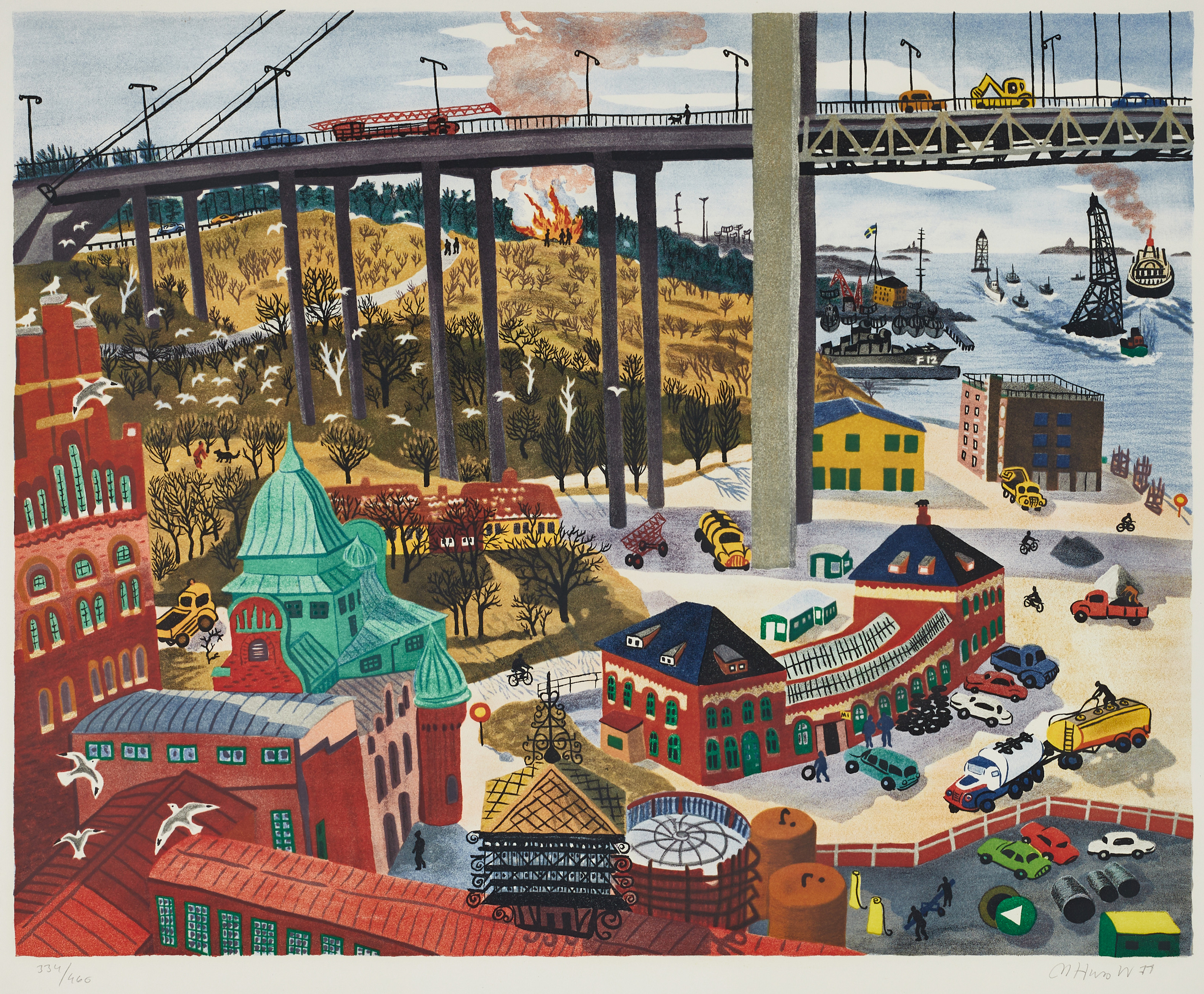 MONA HUSS WALIN (född 1944). "Älvsborgsbron", Göteborgs hamn, signerad och daterad -77, 334/460, färglitografi.