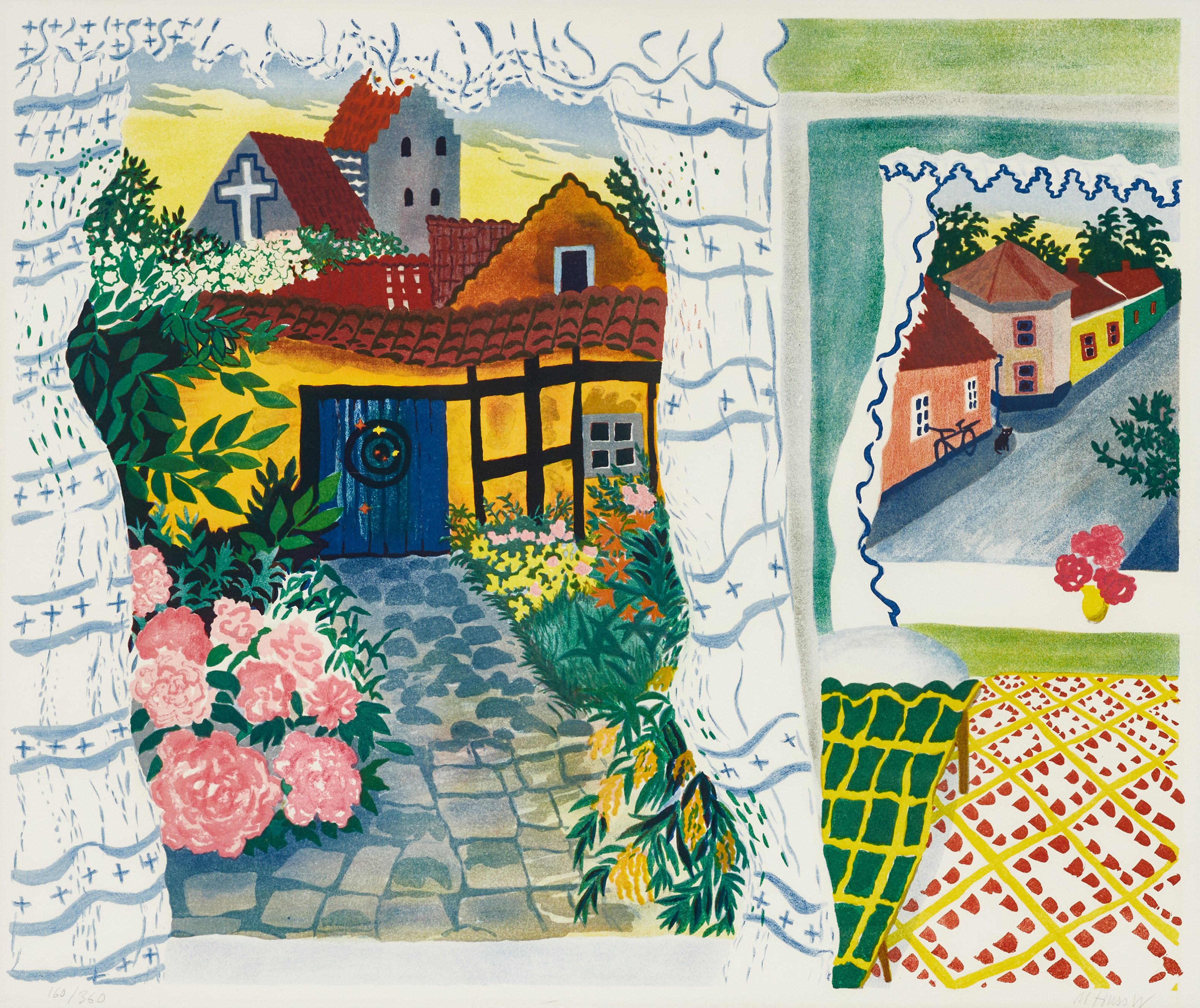 MONA HUSS WALIN (född 1944). "Trädgård i Simrishamn", 1974, signerad och numrerad 160/360, färglitografi.