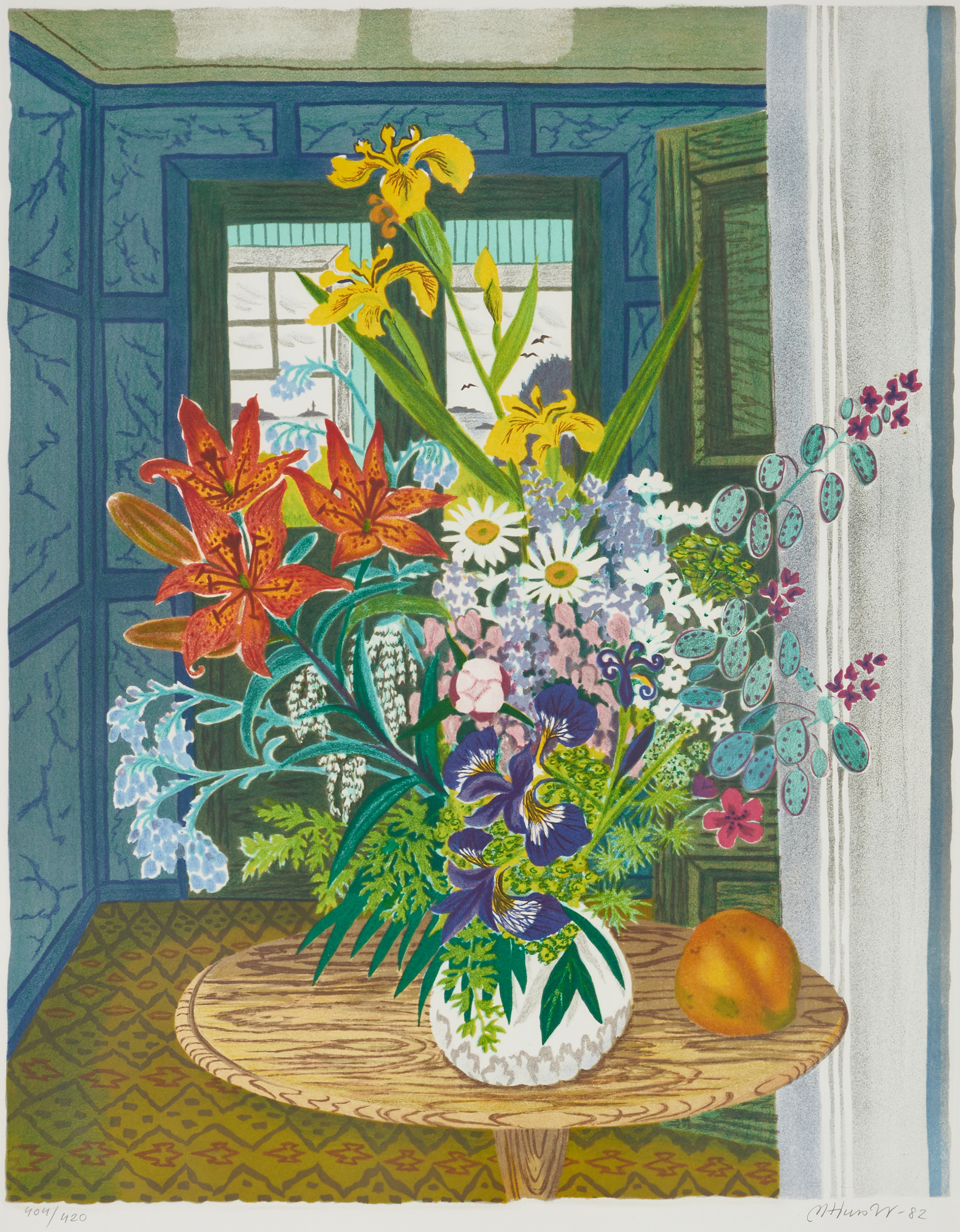 MONA HUSS WALIN (född 1944). "Bukett med mangofrukt", signerad och daterad -82, 404/420, färglitografi.