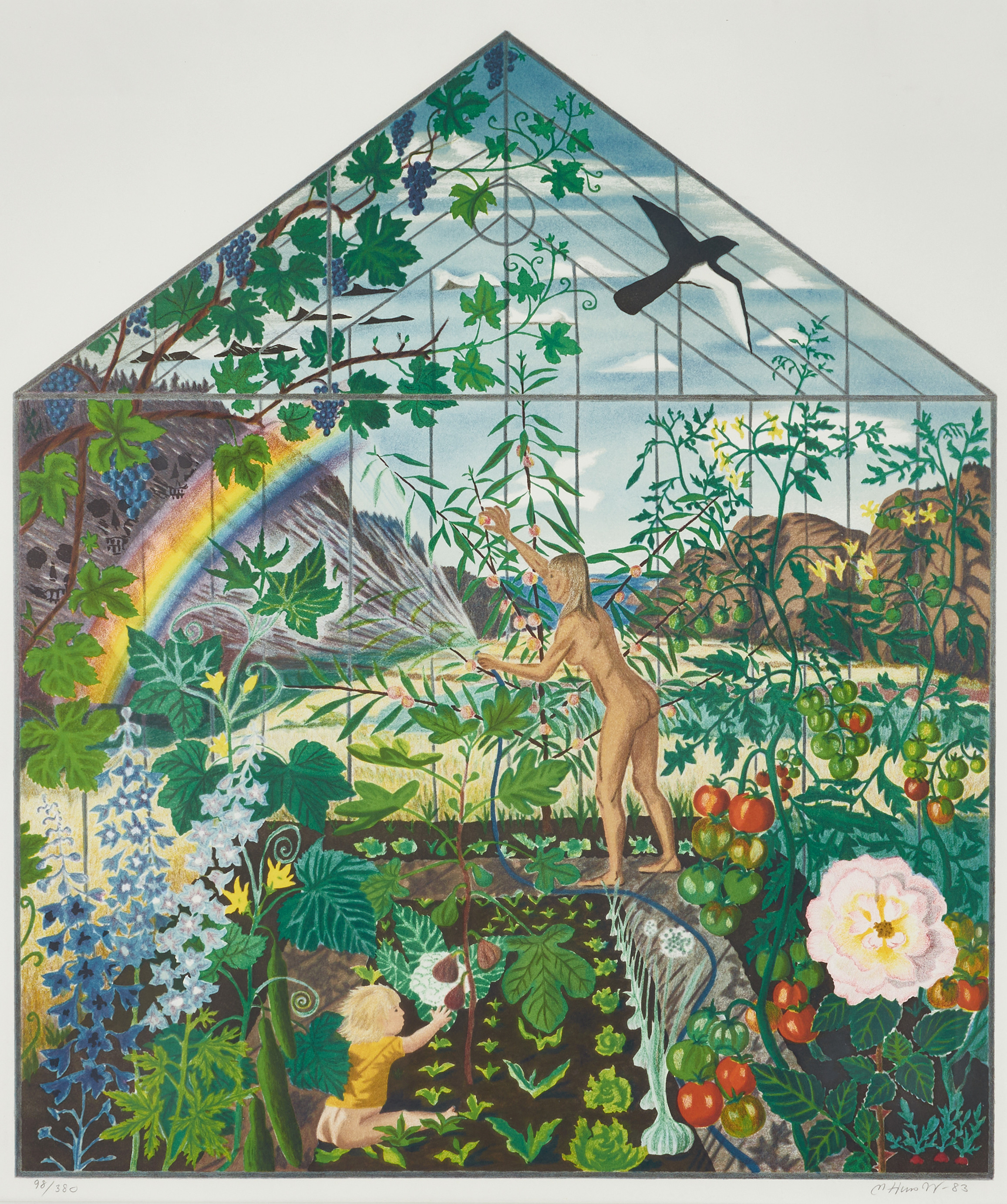 MONA HUSS WALIN (född 1944). "Fredens hus, Växthuset", signerad och daterad -83, 98/380, färglitografi.