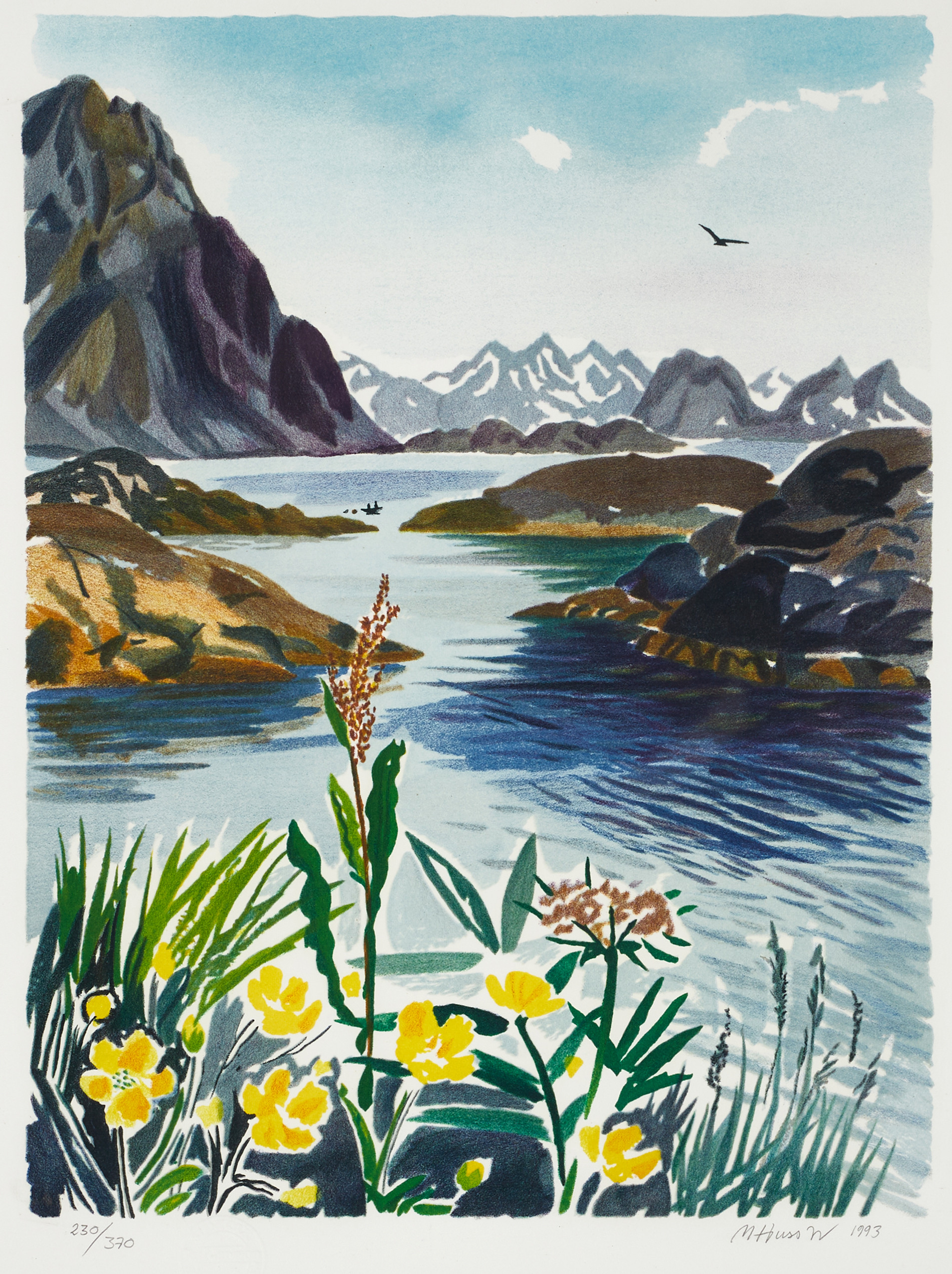 MONA HUSS WALIN (född 1944). ”Västkust, Lofoten”, signerad och daterad 1993, 230/370, färglitografi.