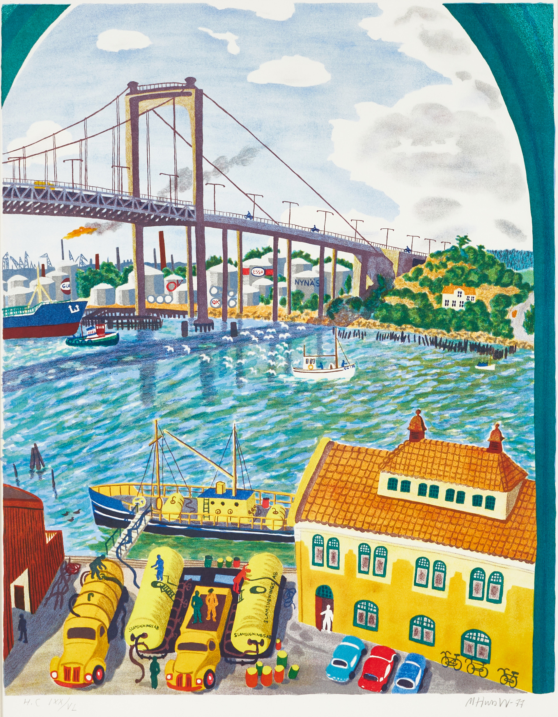 MONA HUSS WALIN (född 1944). Älvsborgsbron, Göteborg, signerad och daterad -77, H.C IXX/VL, färglitografi.
