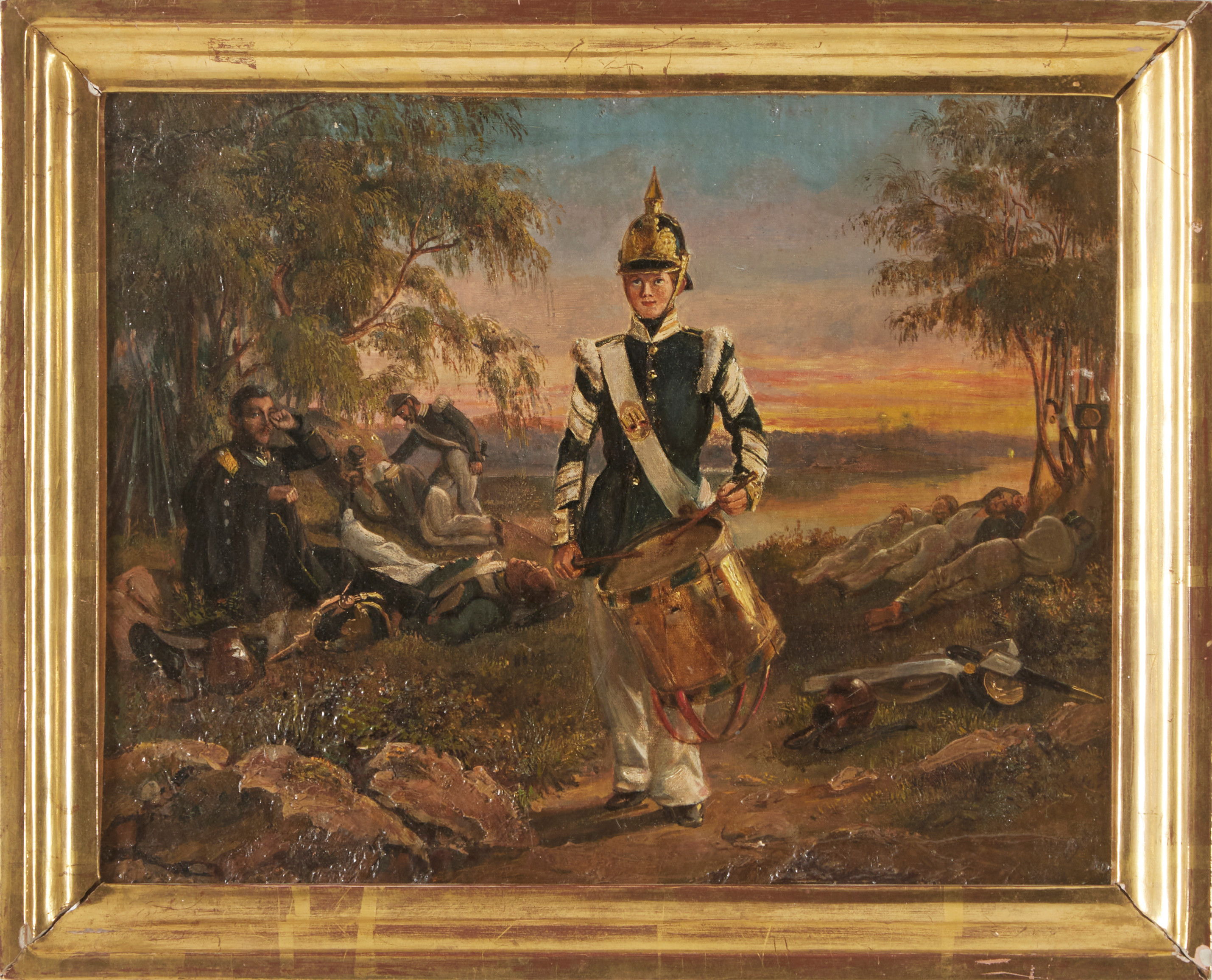 CARL STEFAN BENNET (1800-1878). TILLSKRIVEN. Revelj, oljemålning föreställande ung trumslagare, 1850-tal.