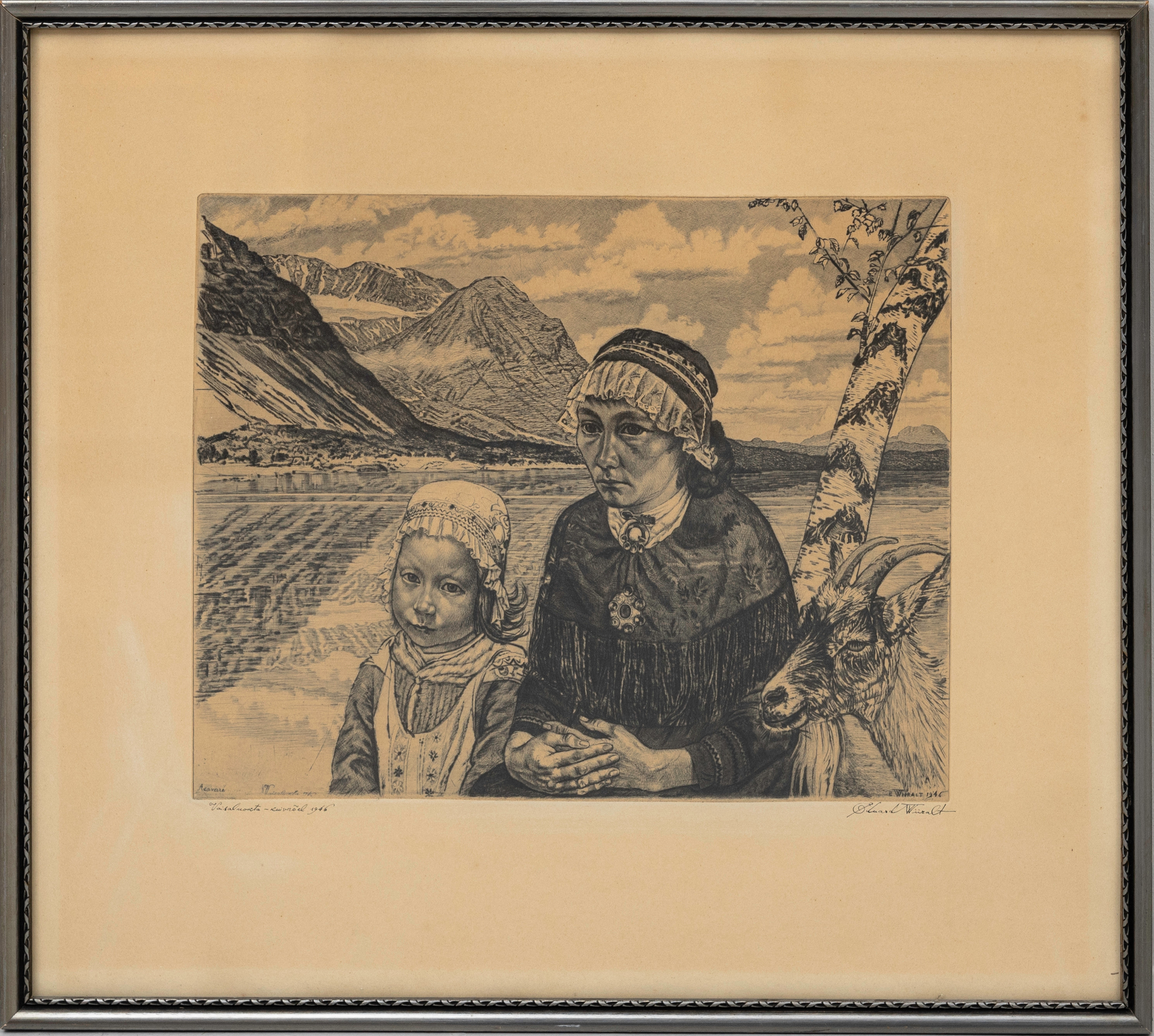 EDUARD WIIRALT. "Lapi maastik - Vaisaluokta", torrnålsgravyr, signerad samt daterad 1946.