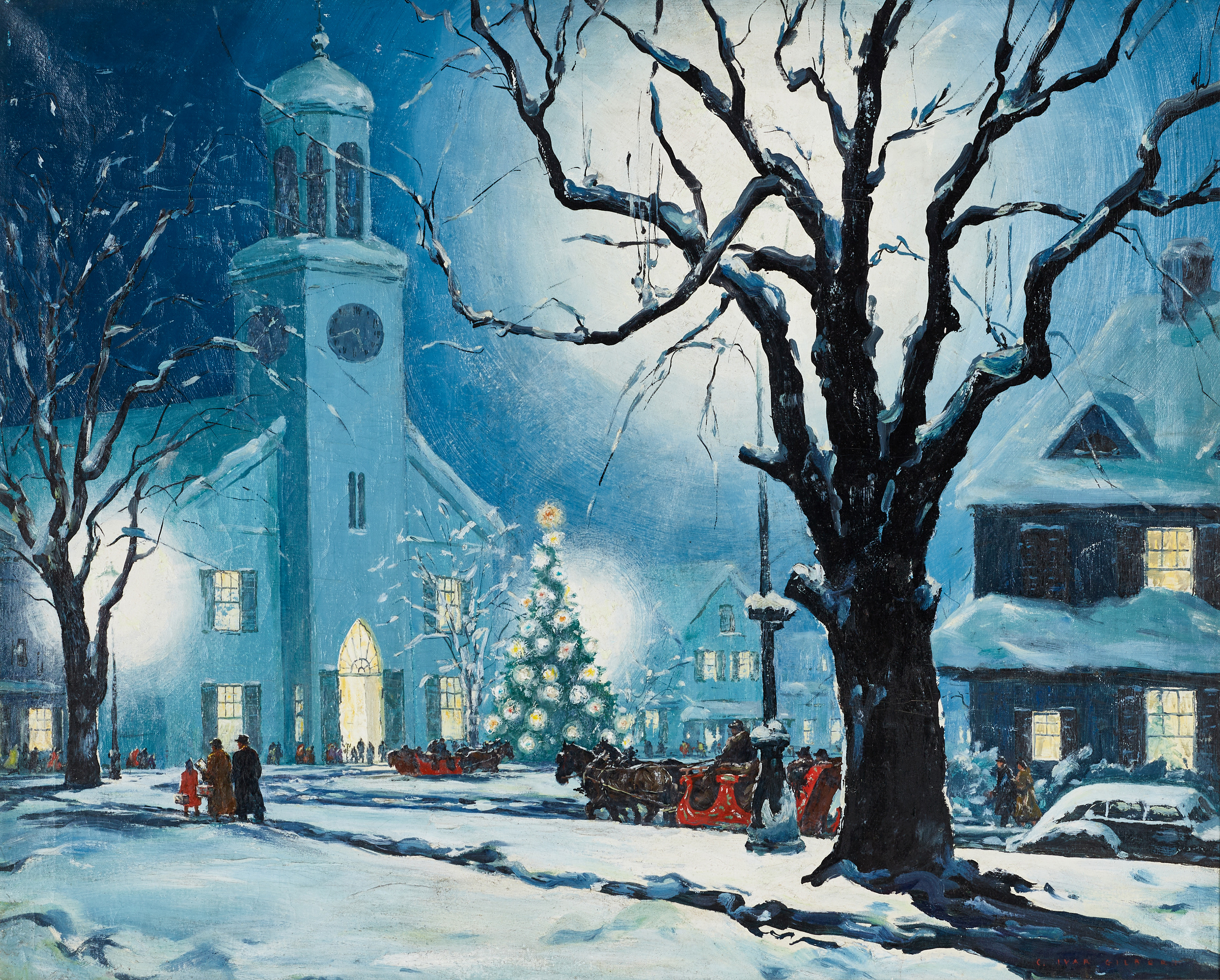 CARL IVAR GILBERT (USA, 1882 - 1959). "And it was Xmas", signerad C. Ivar Gilbert, olja på duk.