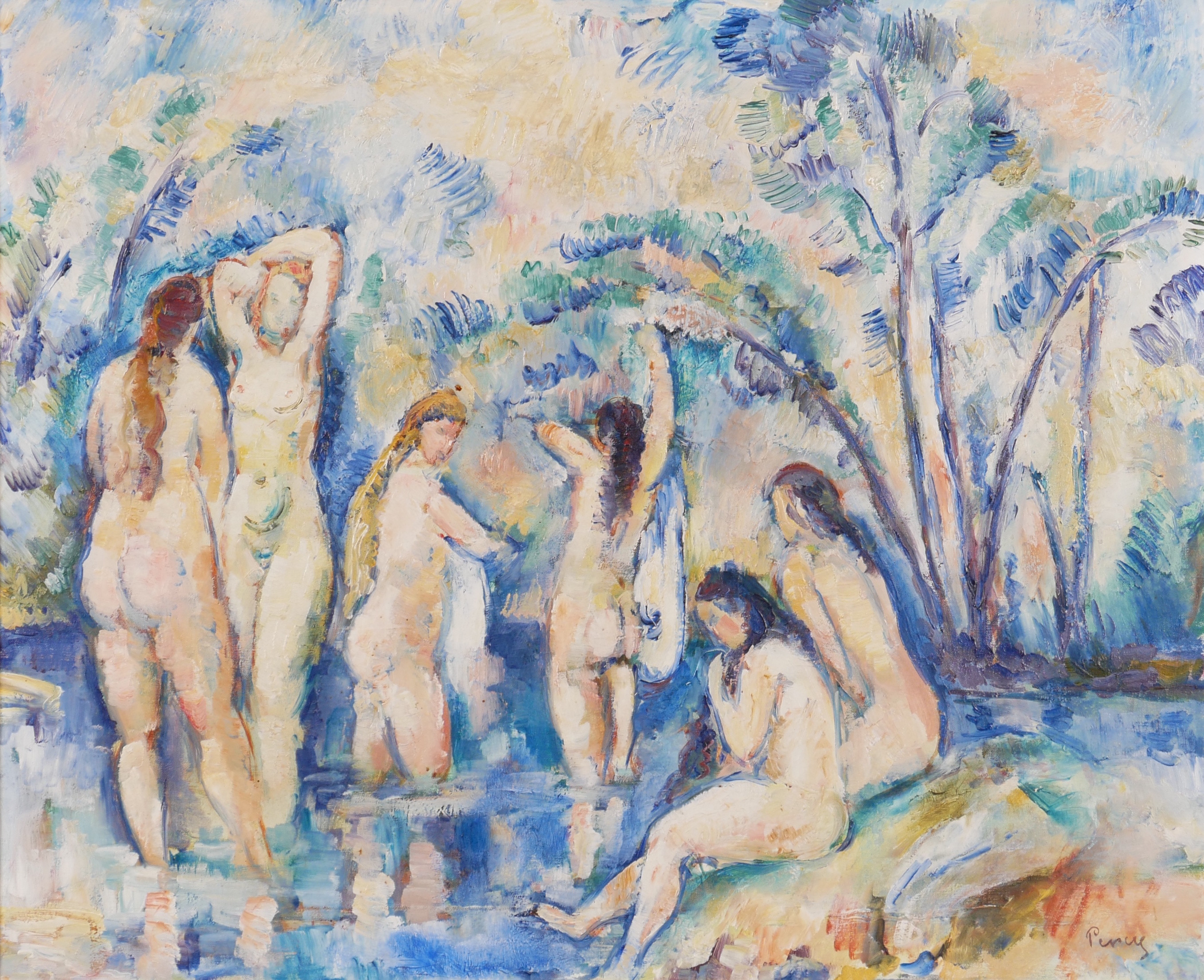 ARTHUR PERCY. "Badande kvinnor", olja på duk, 1910-tal, signerad Percy.