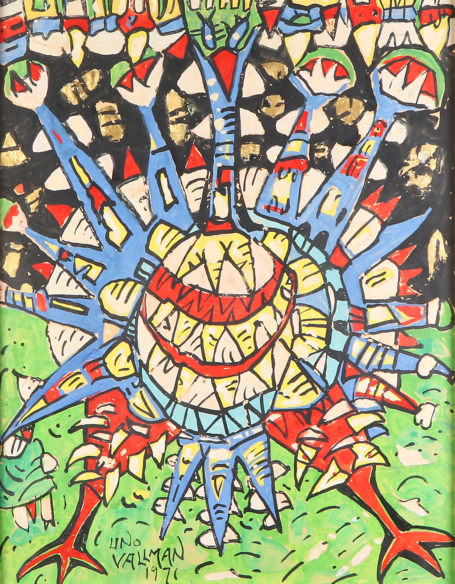 UNO WALLMAN. Blandteknik på pannå. Komposition med fantasifågel. Signerad och daterad 1971.