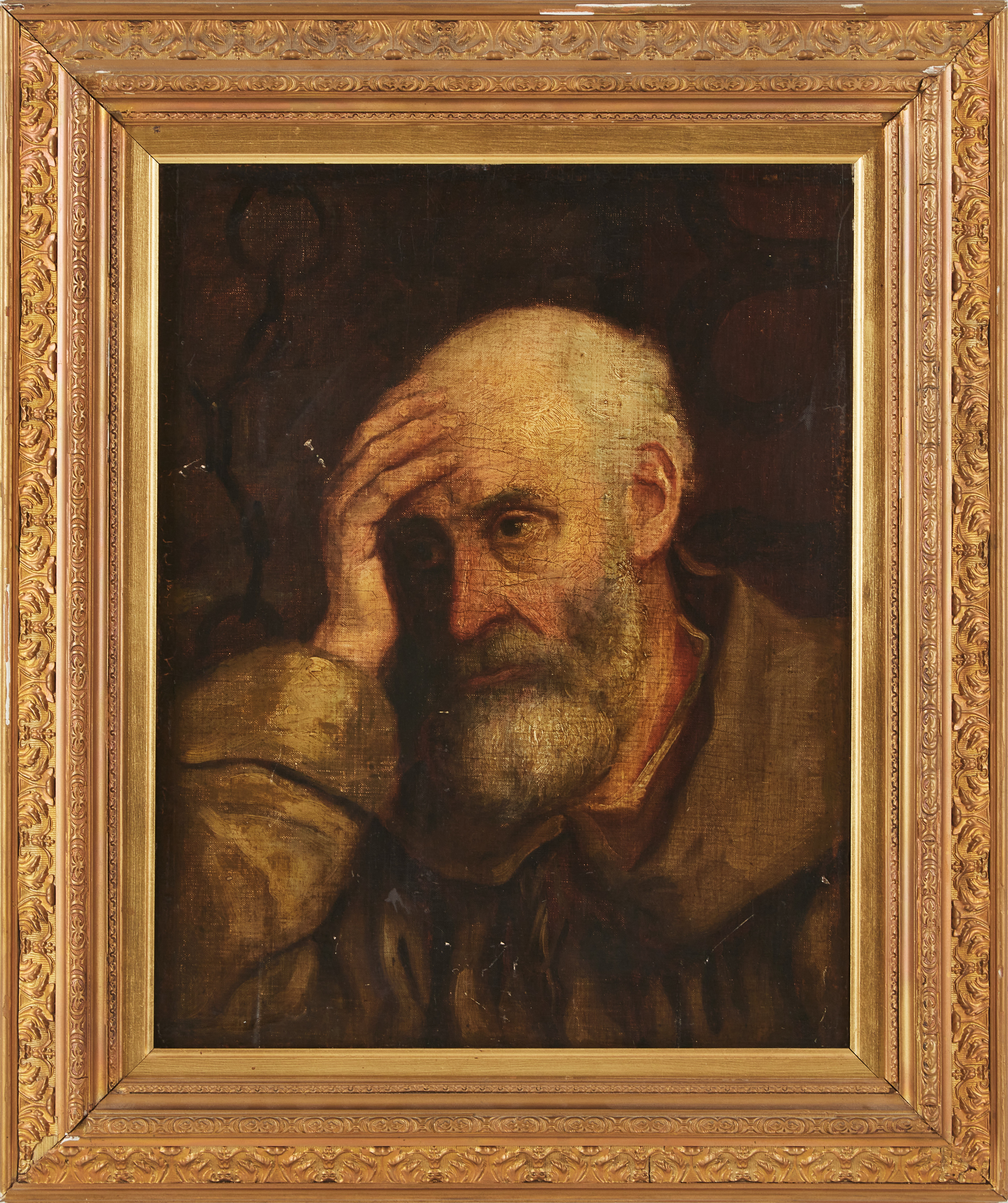 OIDENTIFIERAD KONSTNÄR, 1800-tal, tänkande man, kopia efter äldre förlaga, olja på duk uppklistrad på pannå.