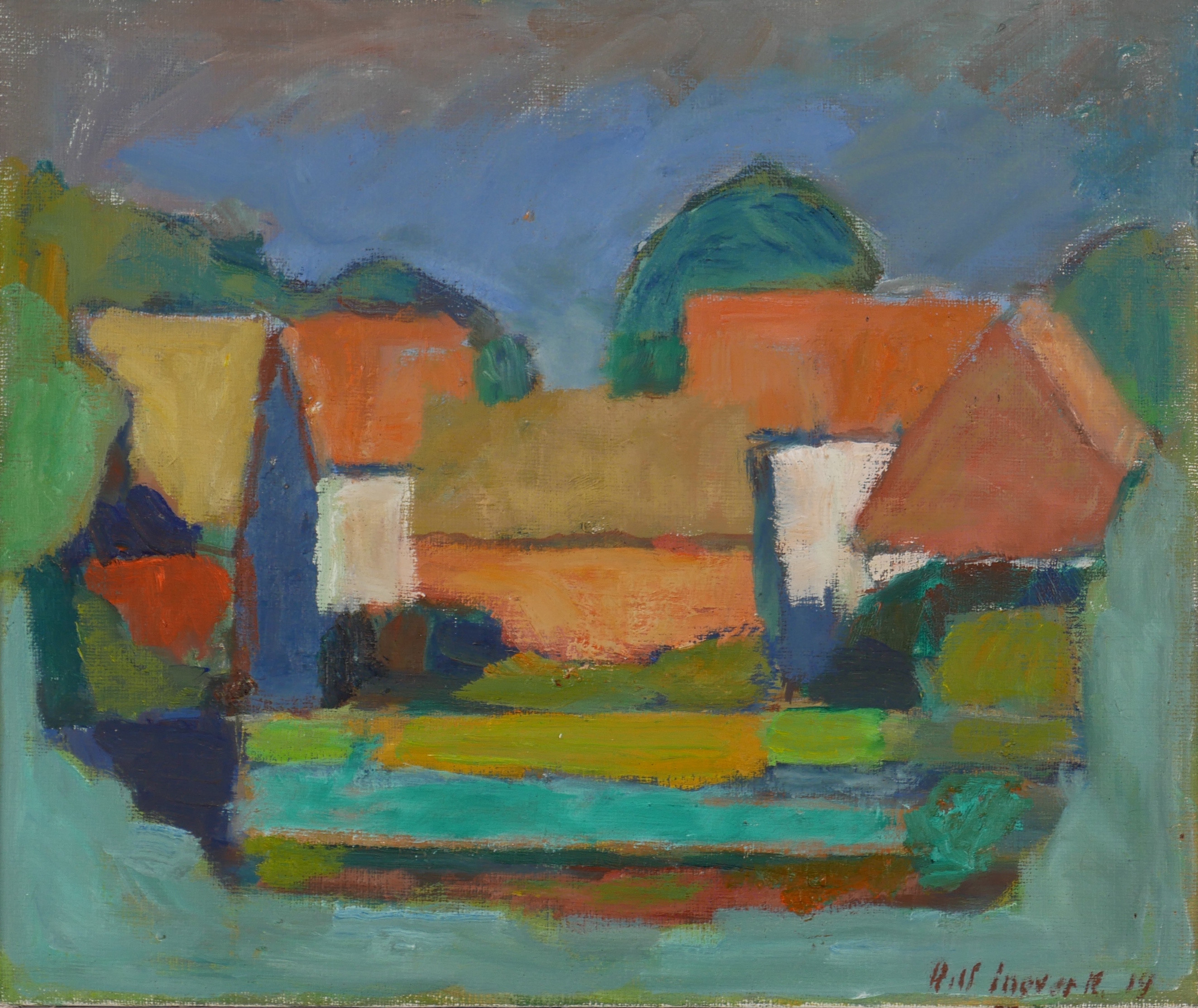 ROLF INGVAR KARLSSON. "Ölandsby", olja på duk, signerad Rolf Ingvar K. 19.