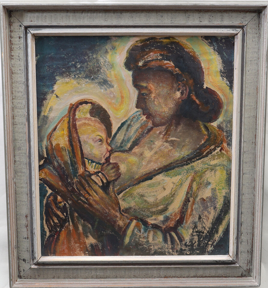 GÖSTA BOHM. Kvinna med barn, blandteknik, signerad och otydligt daterad.