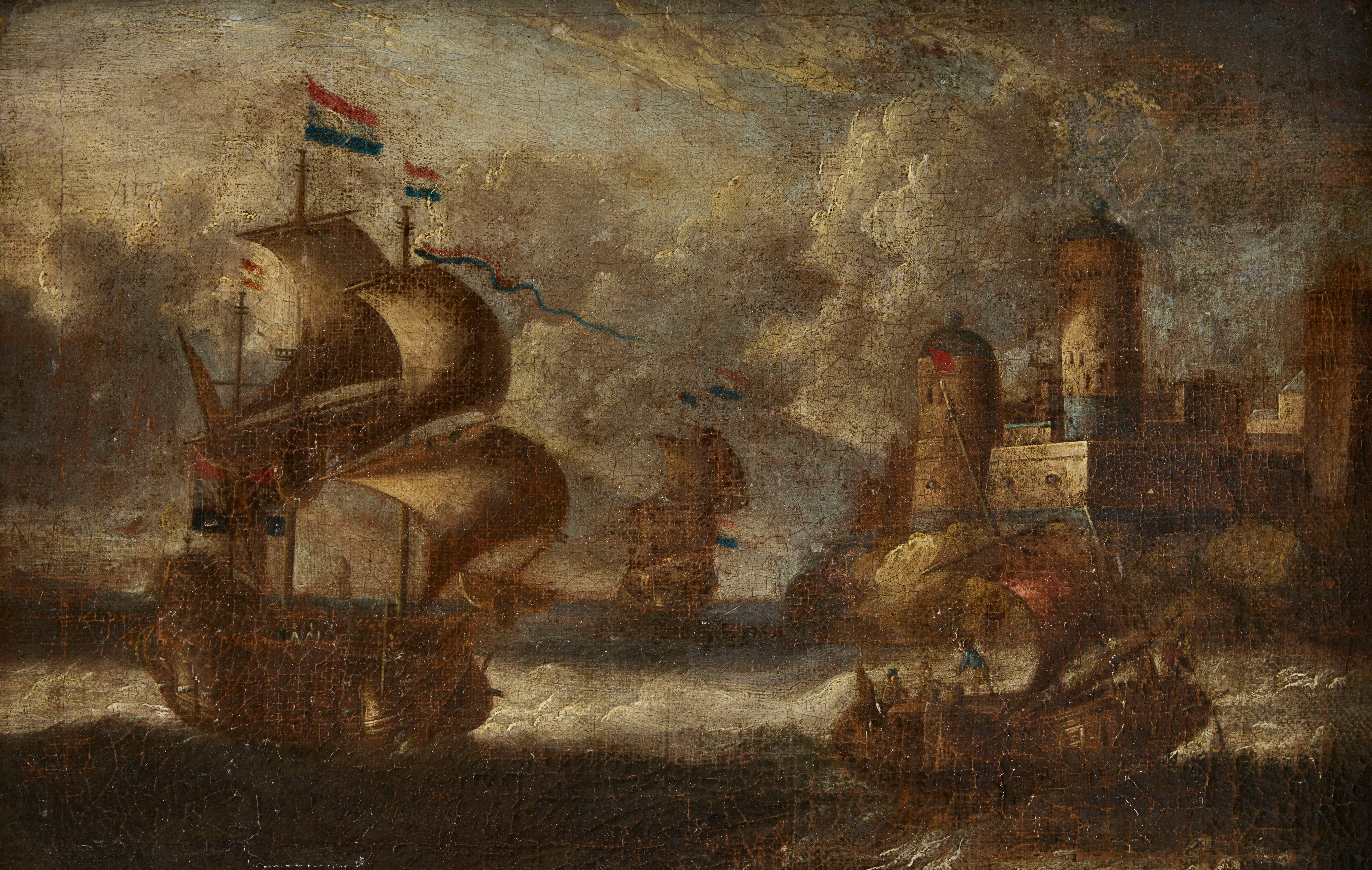 PETER VAN DE VELDE II (ANTWERP 1634-1687/1707). Hans krets. Holländska skepp utanför kusten nära en befäst stad.