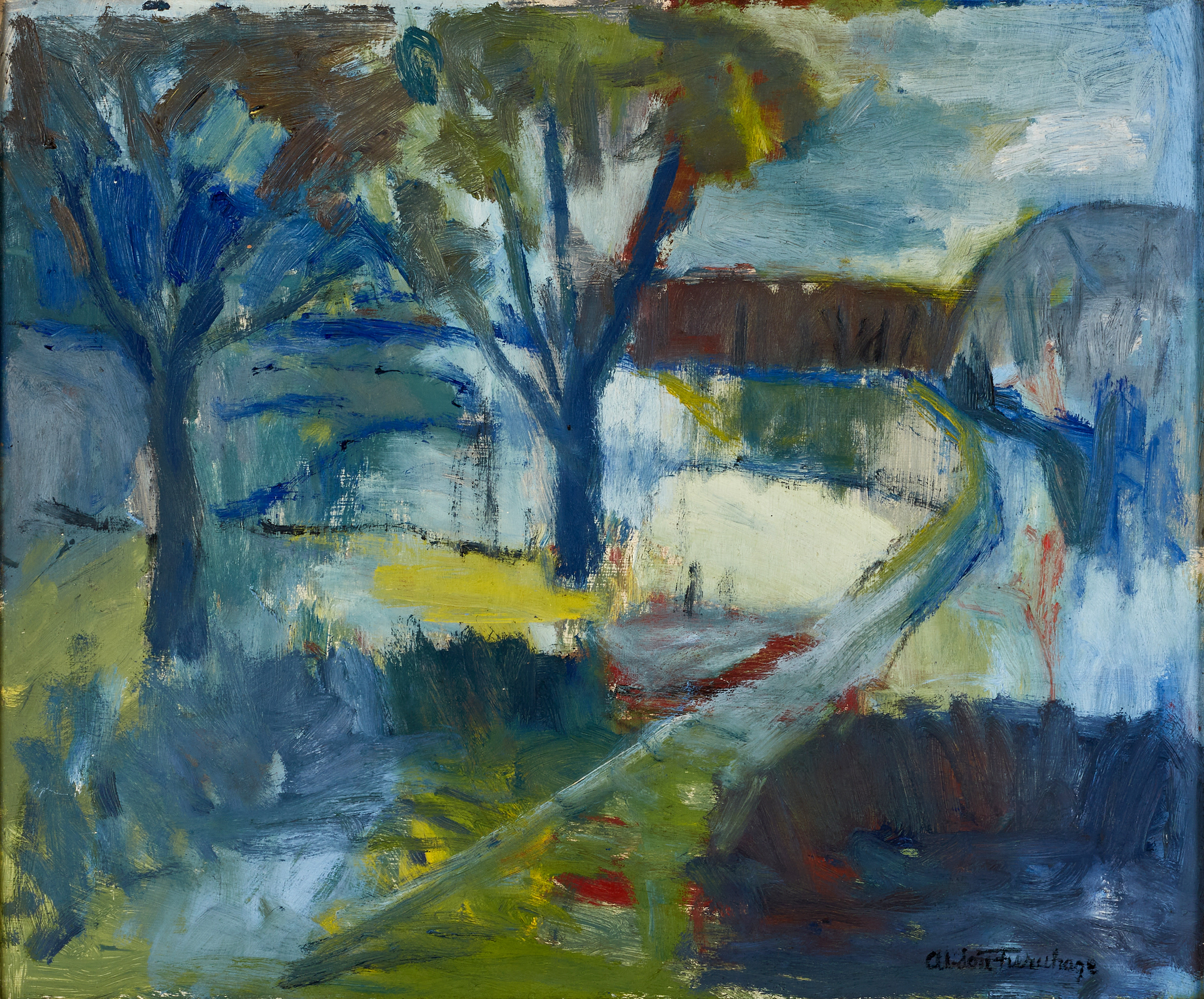 ABDON FURUHAGE (1894-1969). Träd i parklandskap, signerad Abdon Furuhage, olja på pannå.