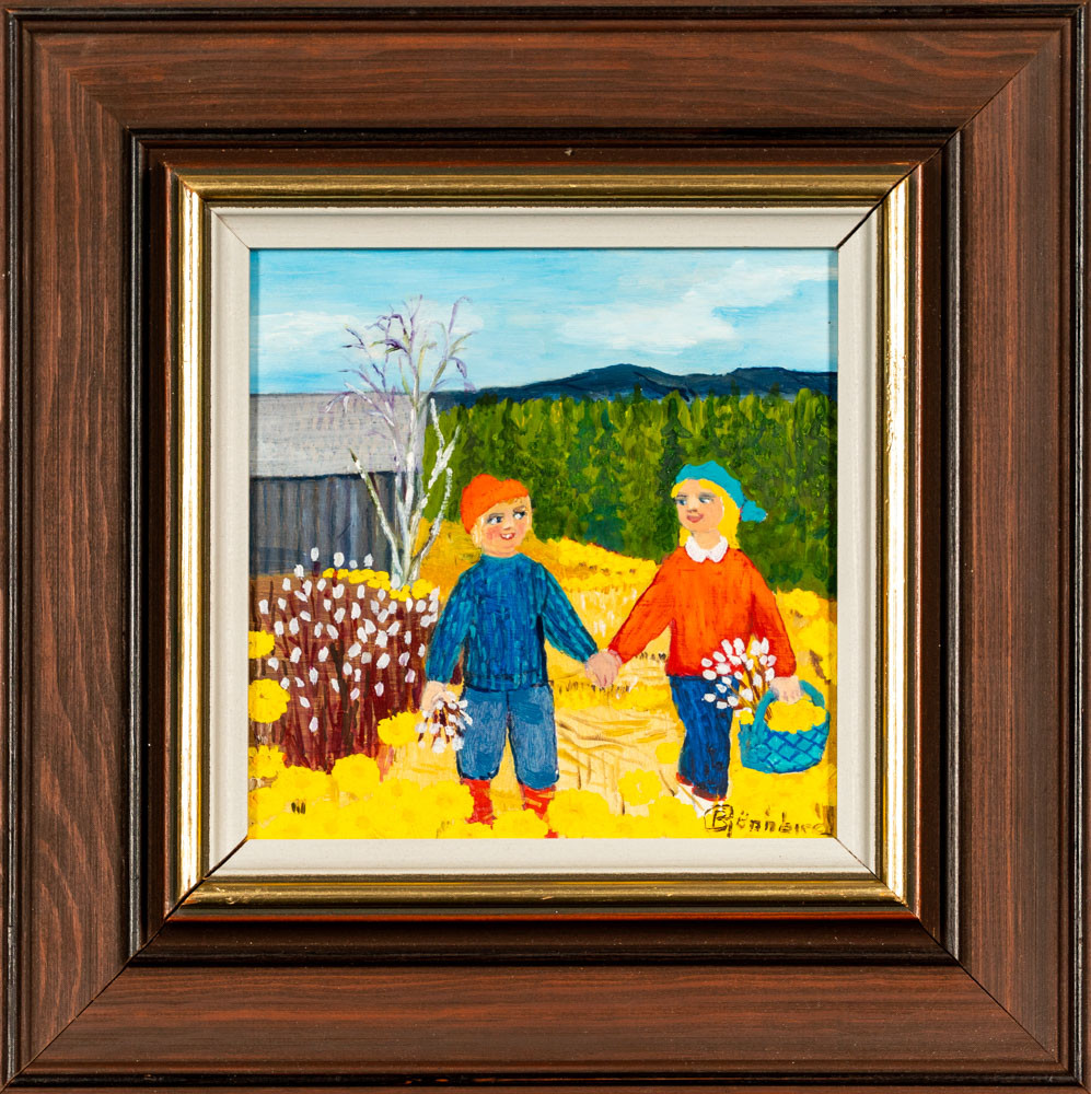 BEDA RÖNNBERG. Olja på pannå, "På vårpromenad." Signerad.