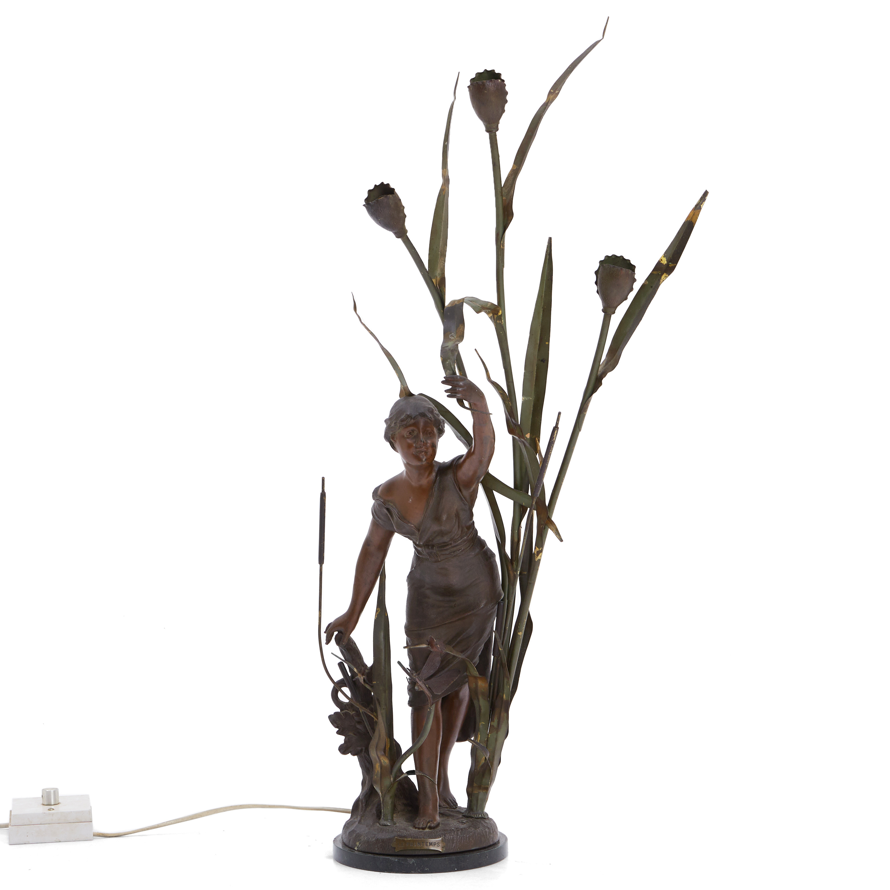 BORDSLAMPA, "Le Printemps", 3 ljuspunkter, bronspatinerad zink, skulptural form, kvinna i vass, tidigt 1900-tal. Jugend.