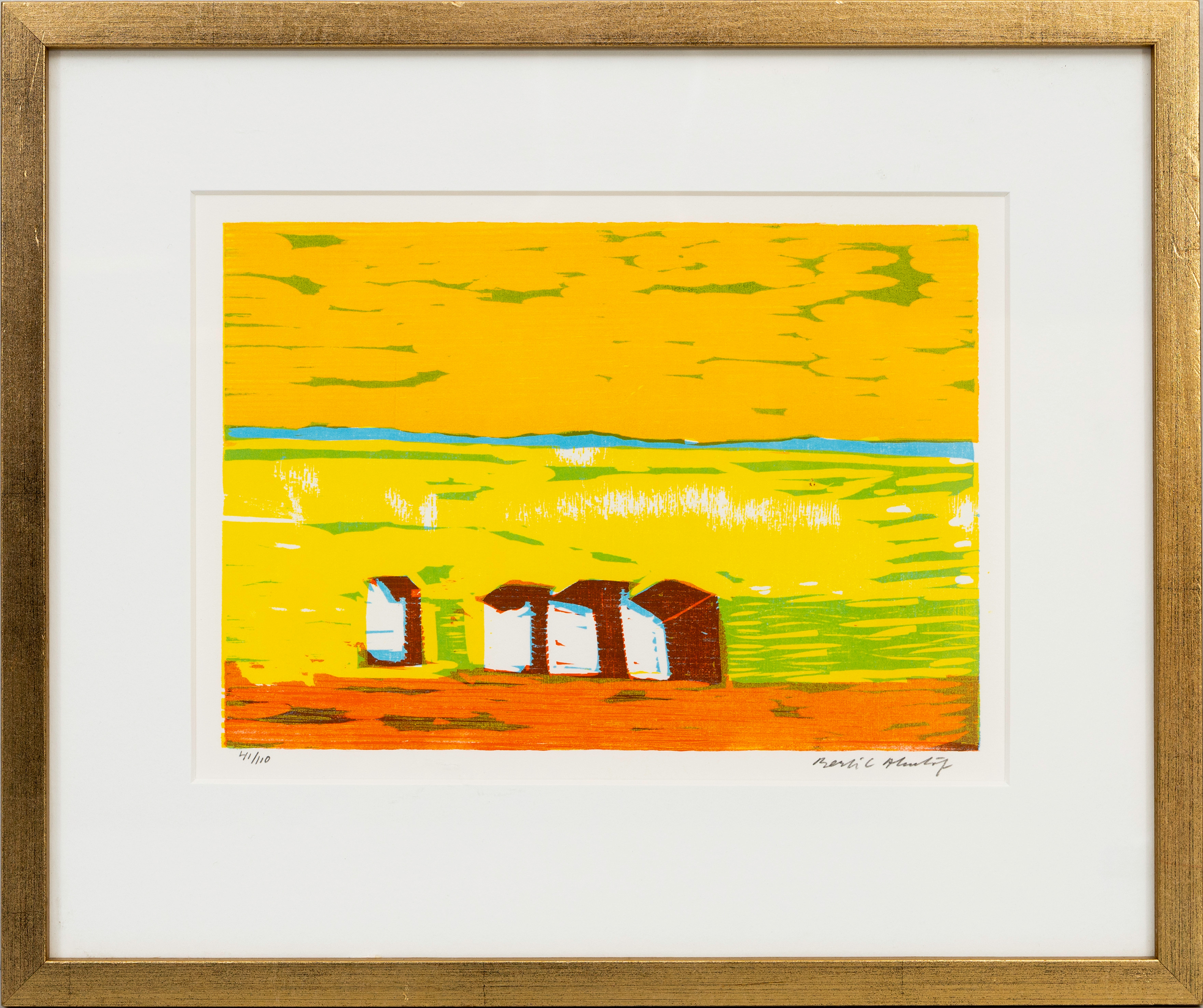 BERTIL  ALMLÖF. ”Bikupor på slätten”, träsnitt, signerat och numrerat, 41/110.