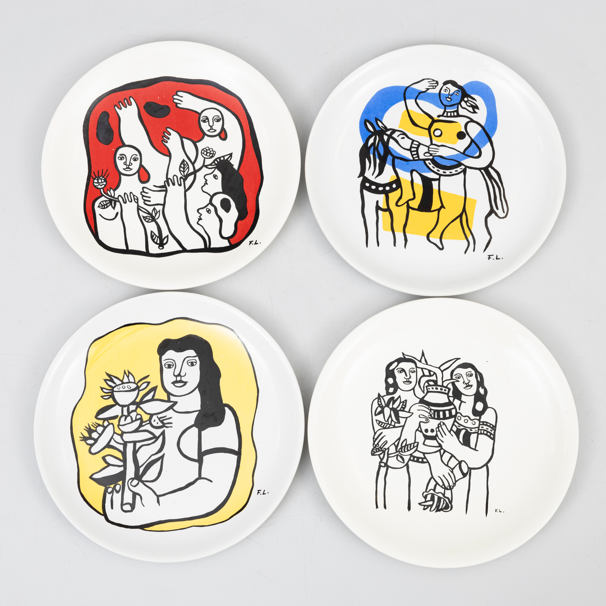 FERNAND LÉGER (FRANKRIKE, 1881-1955). EFTER. Tallrikar, 4 st, porslin, signerade FL, 2st stämpelmärkta Biot editions SEAL Musée F Léger, Biot, Frankrike och 1 Salins, France.