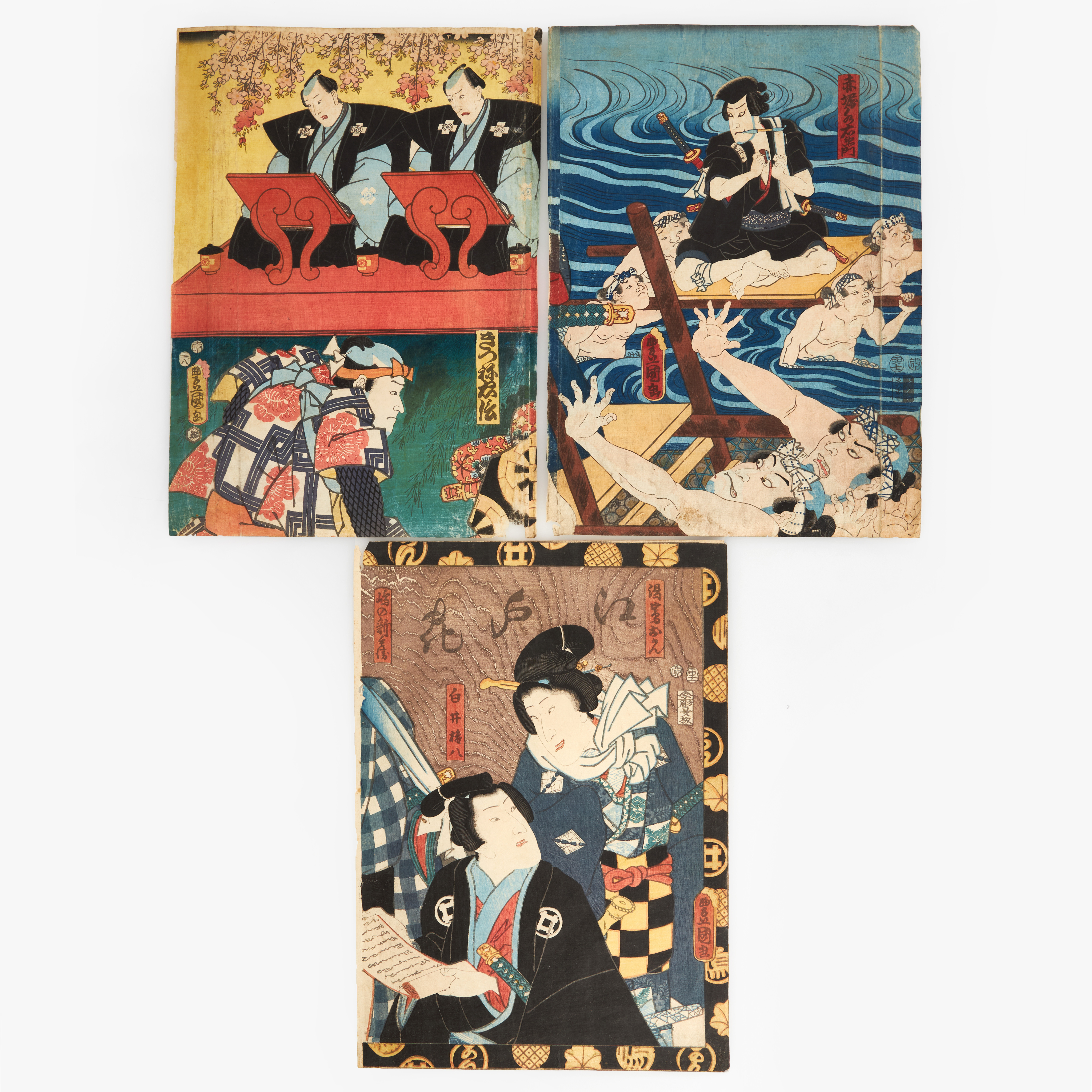 UTAGAWA KUNISADA (Toyokuni III, 1786-1865), färgträsnitt (3 st), omkring 1800-talets mitt.
