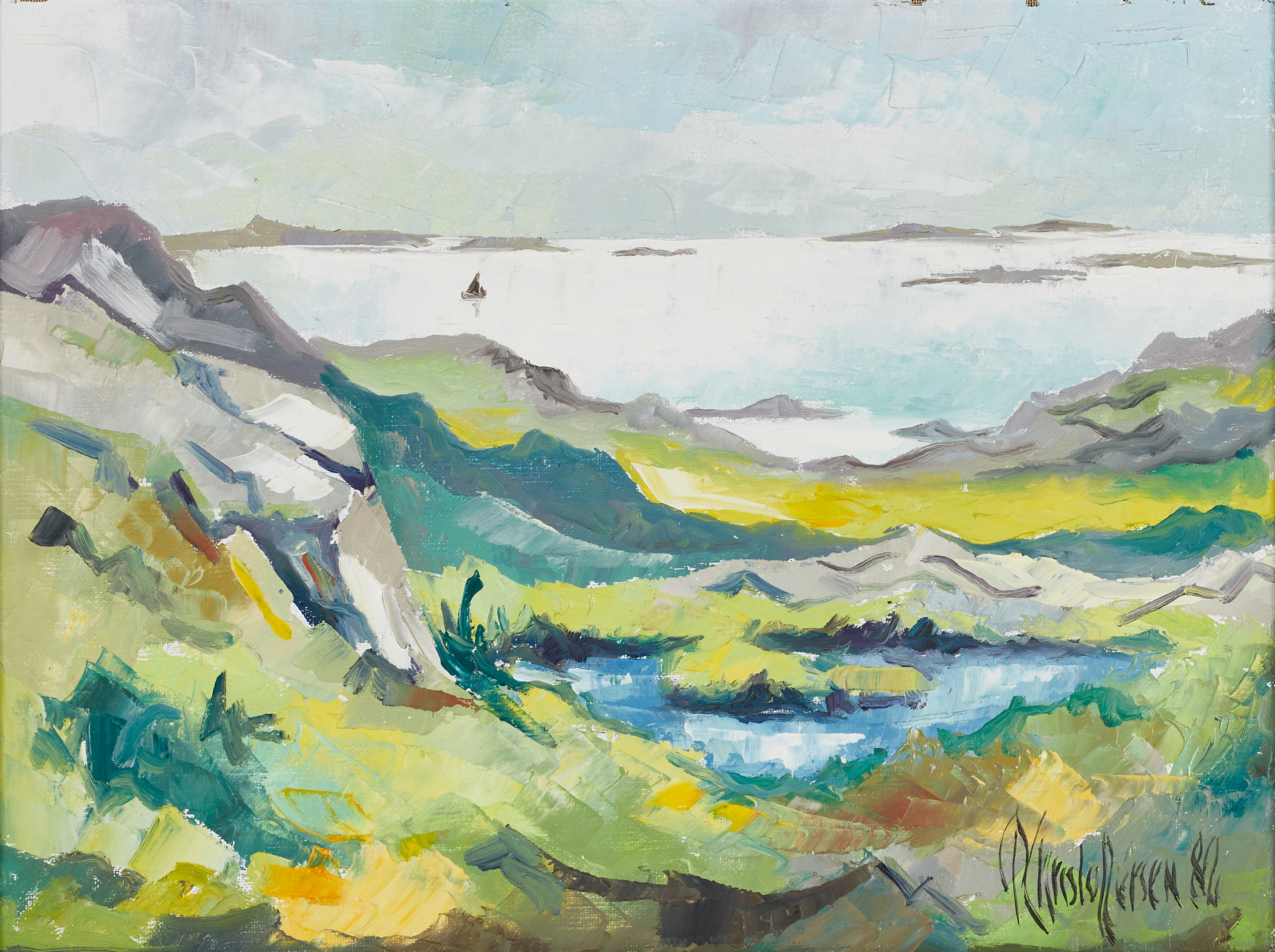 PETER CHRISTOFFERSEN (Danmark, född 1945). Kustlandskap i grönska, signerad och daterad 82, olja på duk.