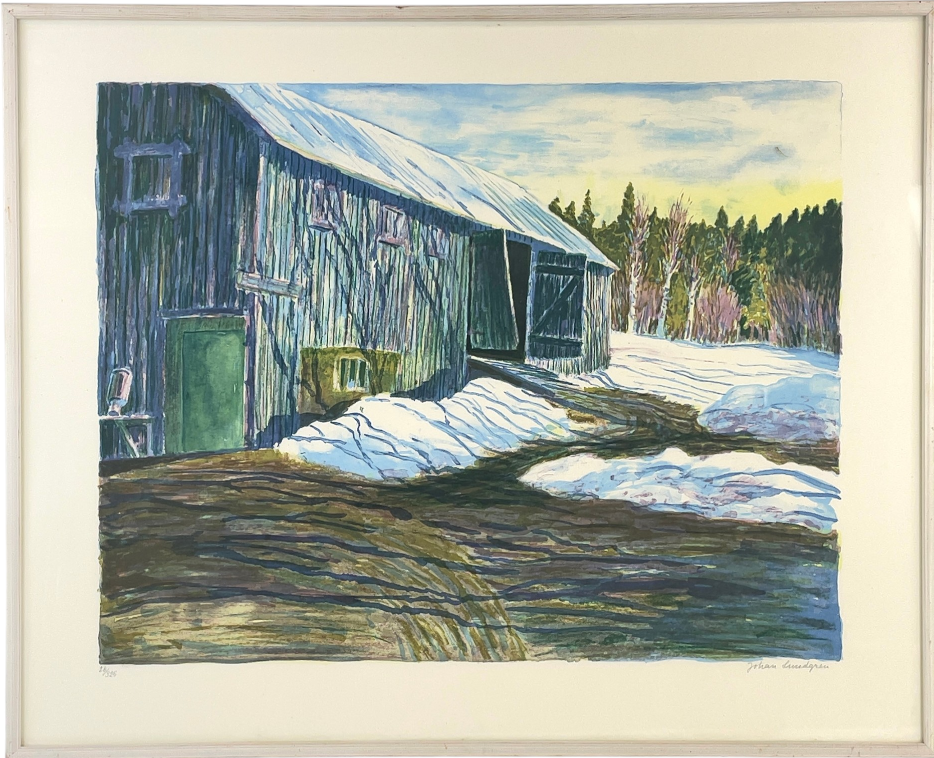 JOHAN LUNDGREN. Färglitografi, Lada, signerad samt numrerad 26/325.