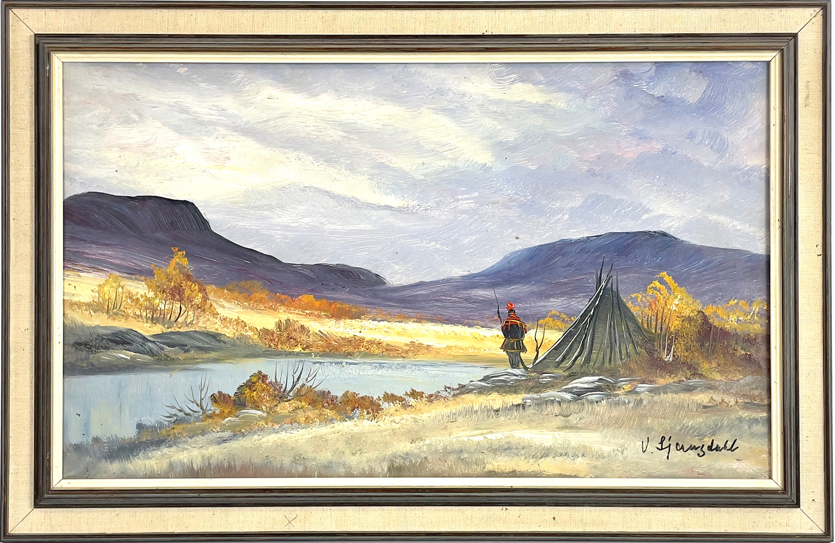 OIDENTIFIERAD KONSTNÄR, olja på pannå, Samiskt motiv, signerad V. Ljungdahl.