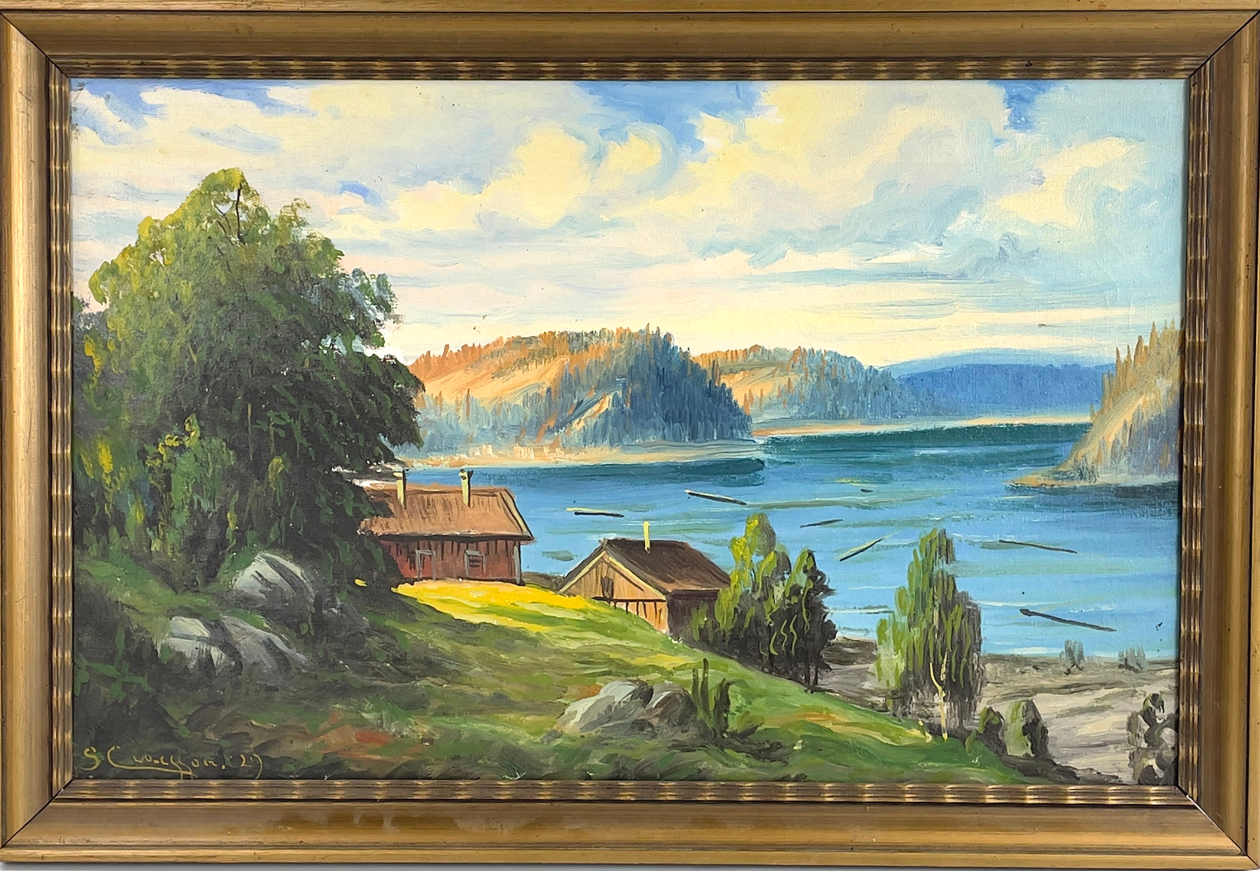 OIDENTIFIERAD KONSTNÄR, olja på duk, Röda stugor vid älven, signerad S. Claesson samt daterad 29.