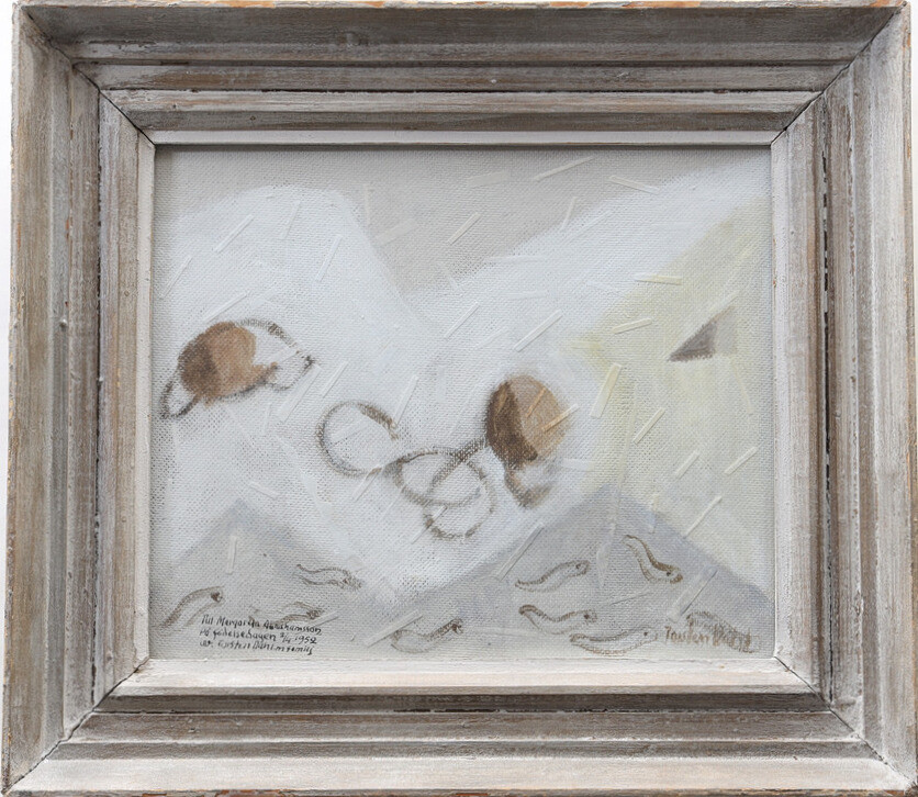 TORSTEN DAHL. "Snömaskar" Oljemålning/collage, signerad, med dedikation.