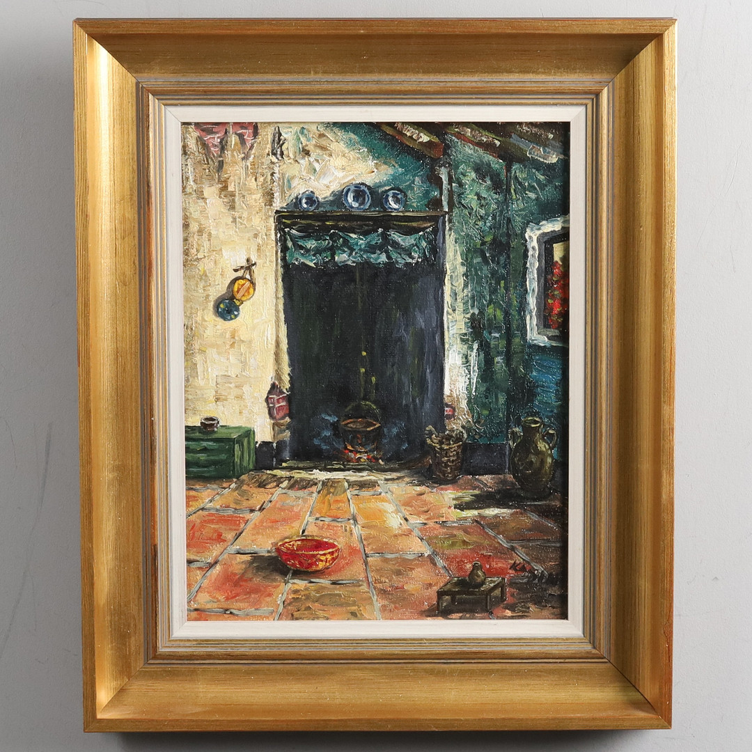 OIDENTIFIERAD KONSTNÄR. OLJA PÅ DUK, "Allmogeinteriör", signerad "Kasin".