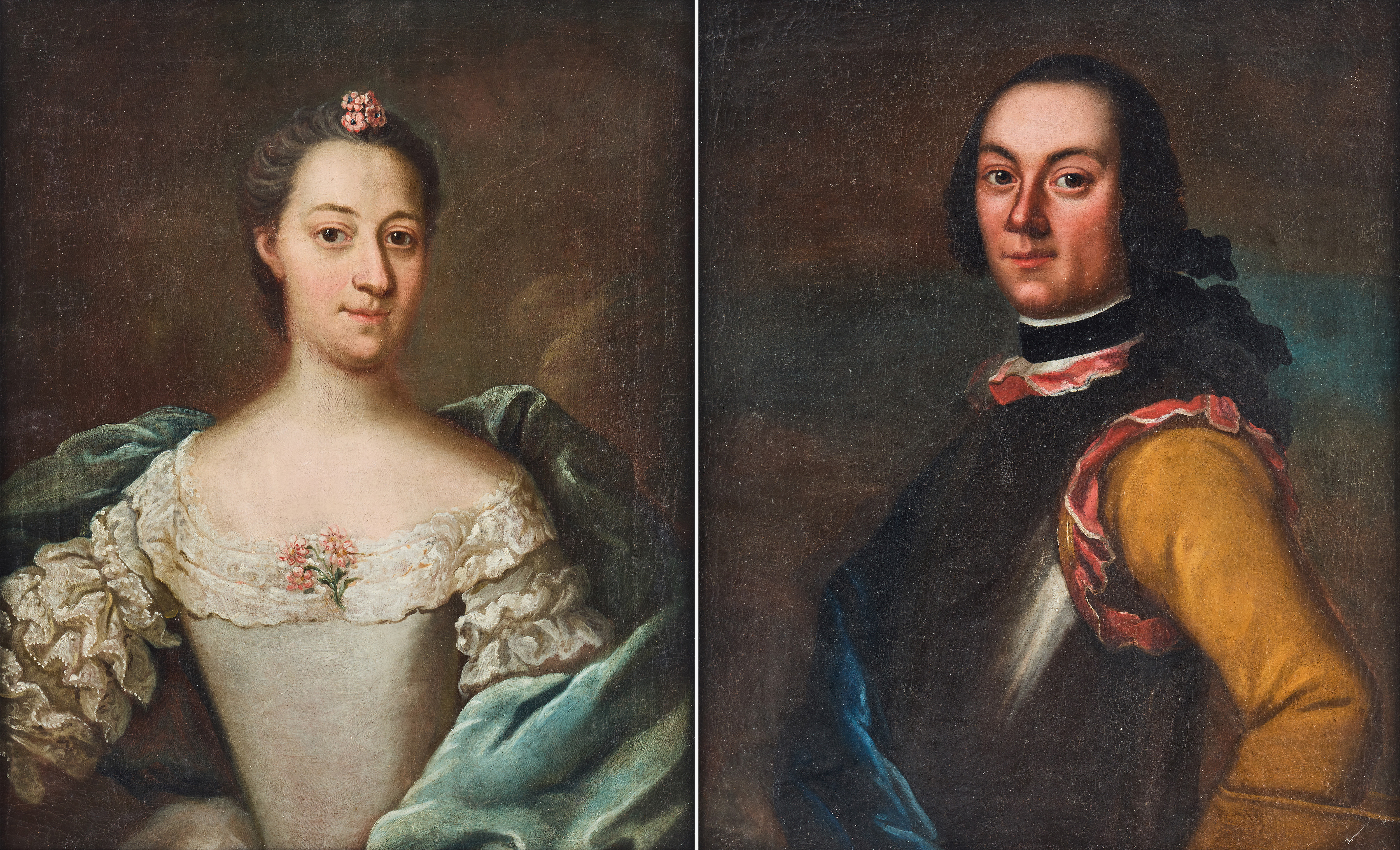 JOHAN STÅLBOM (1712-1777). Tillskrivna. Parporträtt föreställande högreståndsdam i vit klänning med blå mantilj och högreståndsman klädd i harnesk.