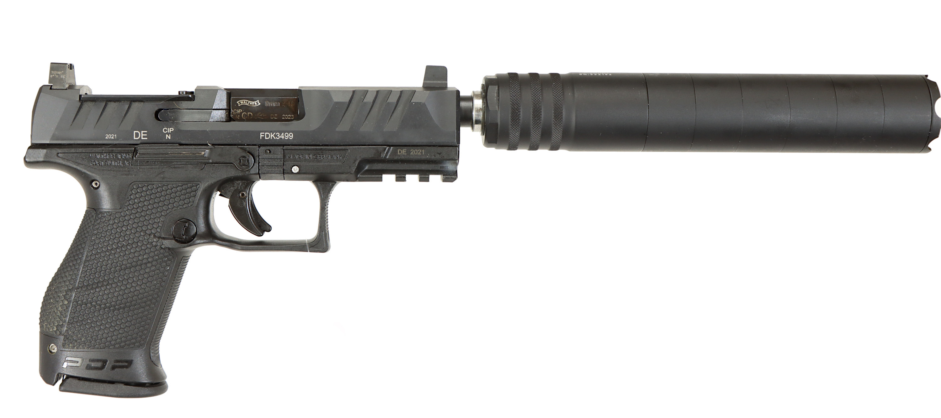 PISTOL MED LJUDDÄMPARE, fabrikat Walther, modell PDP Compact, kaliber 9x19, tillv.nr FDK3499, se-nr SE3371683.