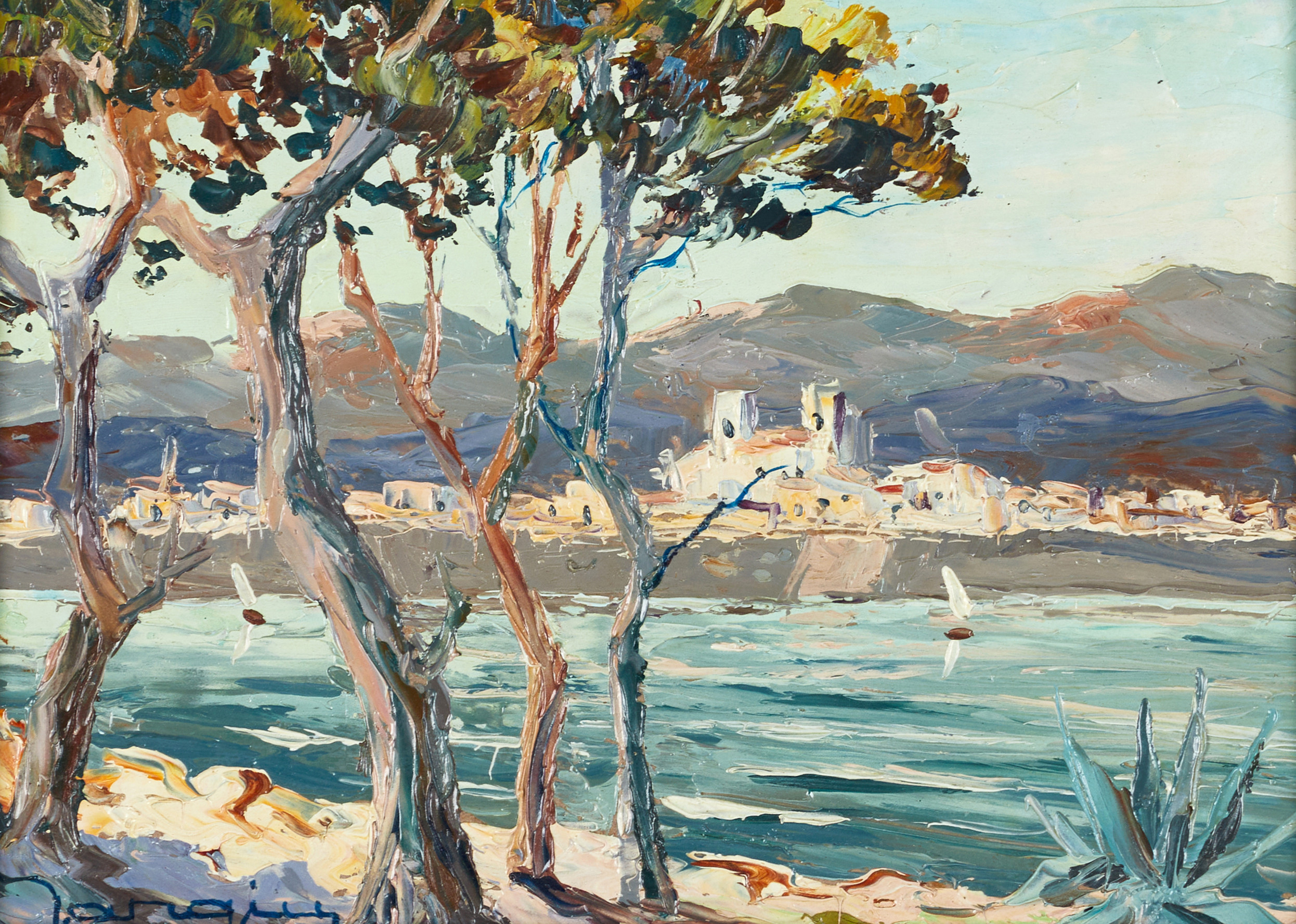 OIDENTIFIERAD KONSTNÄR (1900-tal), Båtar vid sydländsk kust, signerad, olja på pannå.