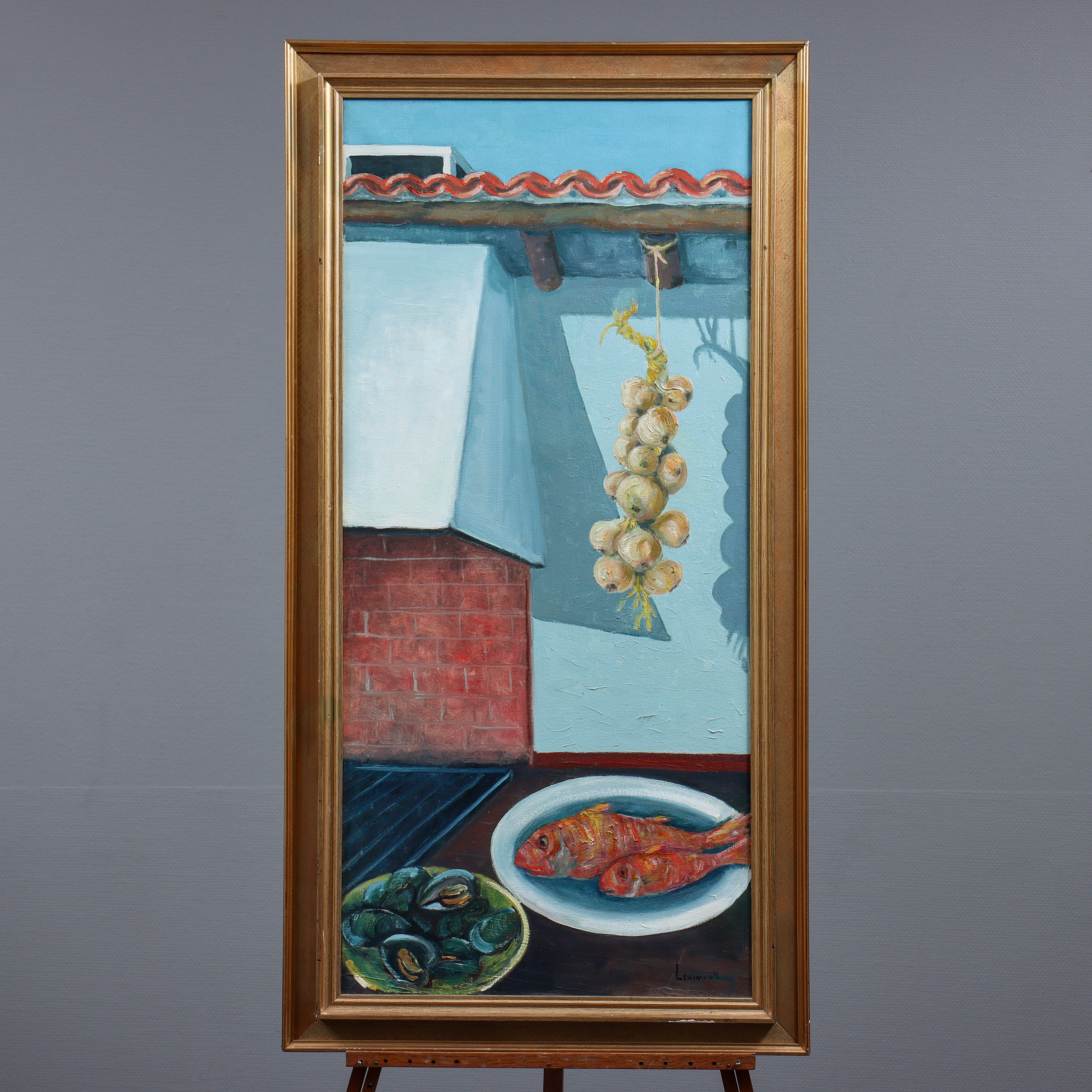 GUSTAF PETRUS LEVIN (f. 1920) "VID GRILLEN" OLJA PÅ DUK, SIGNERAD LEWIN, DATERAD.