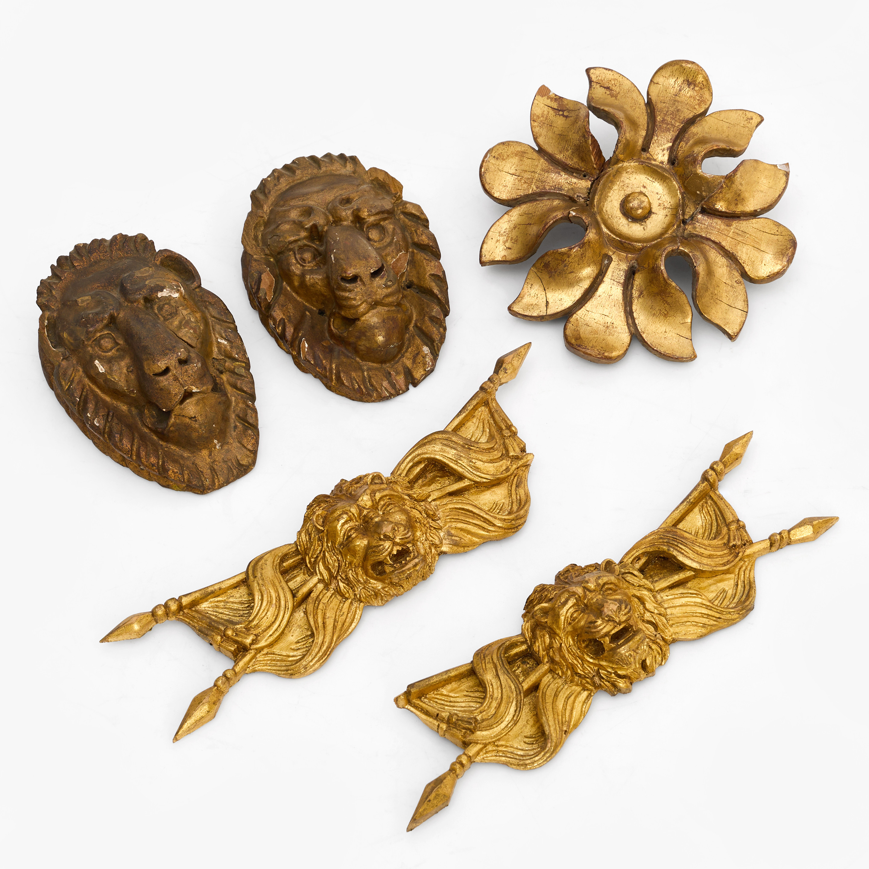 DEKORELEMENT, 5 delar, 18/1900-tal, träskurna.