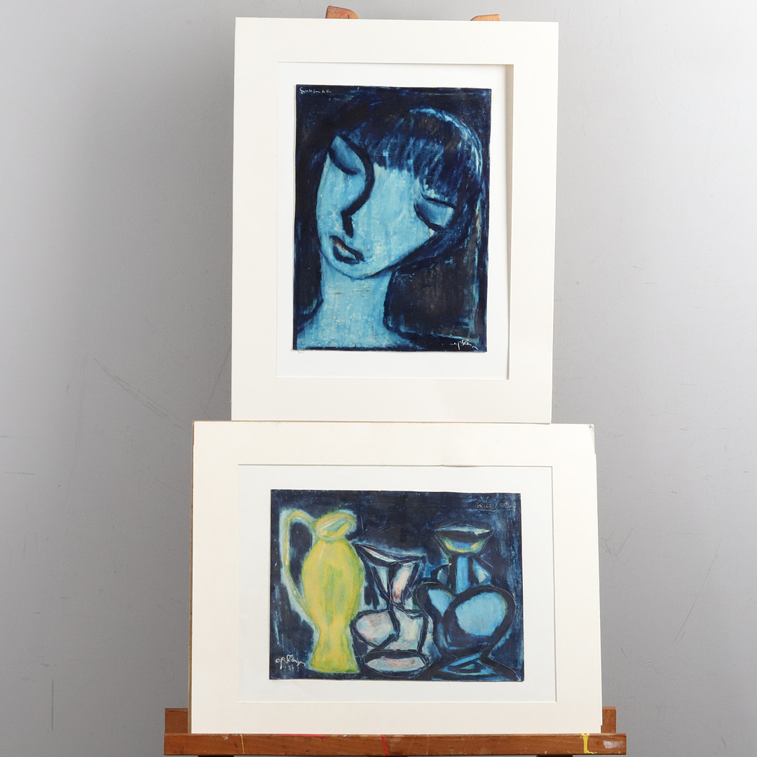 OIDENTIFIERAD KONSTNÄR. Blandteknik på papp. Abstrakta porträtt och stilleben, signerade.