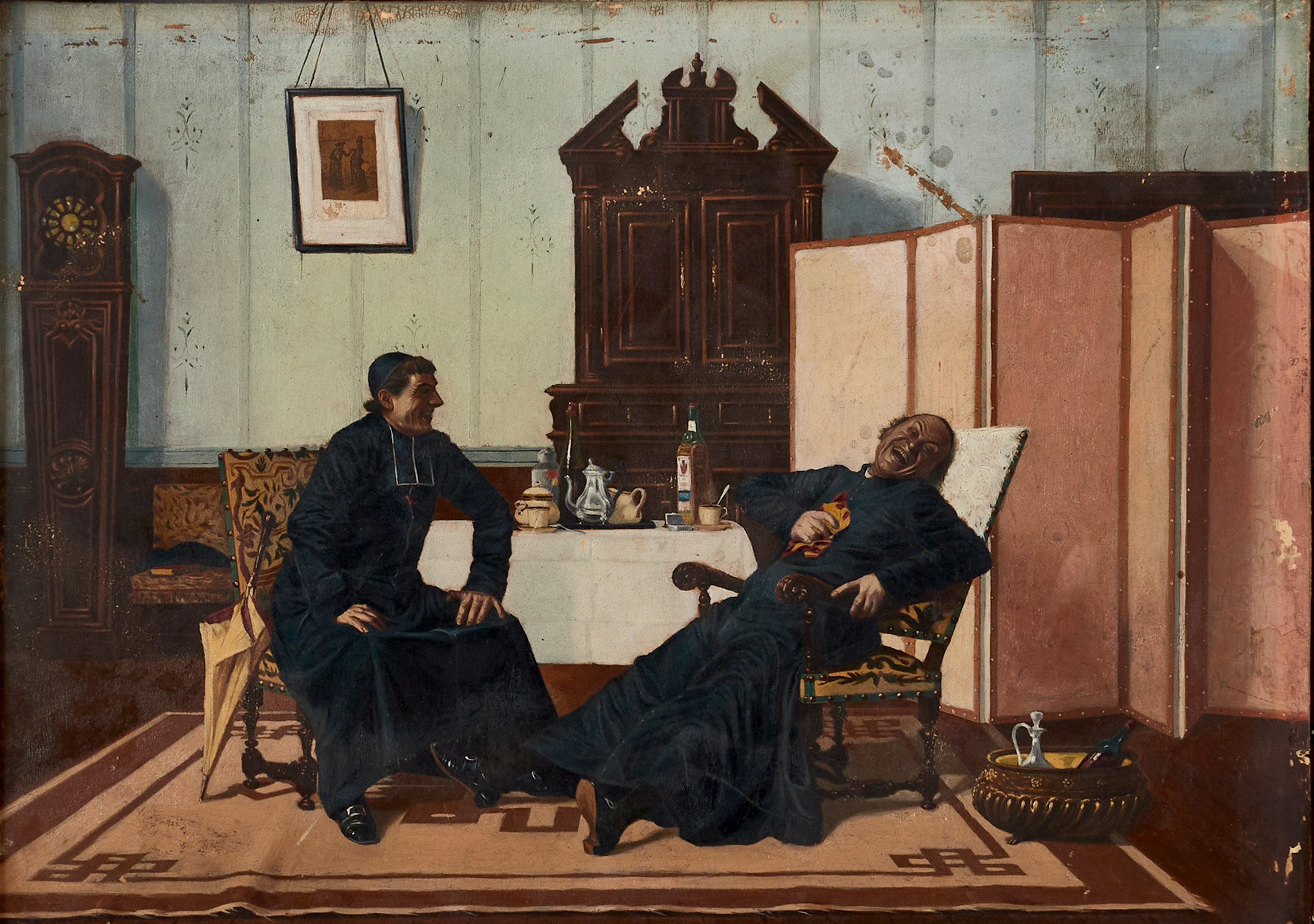 AUGUSTA REUTERSWÄRD, tillskriven. Skrattande biskopar, 1800-tal, efter Leo Herrmann, olja på pappannå.