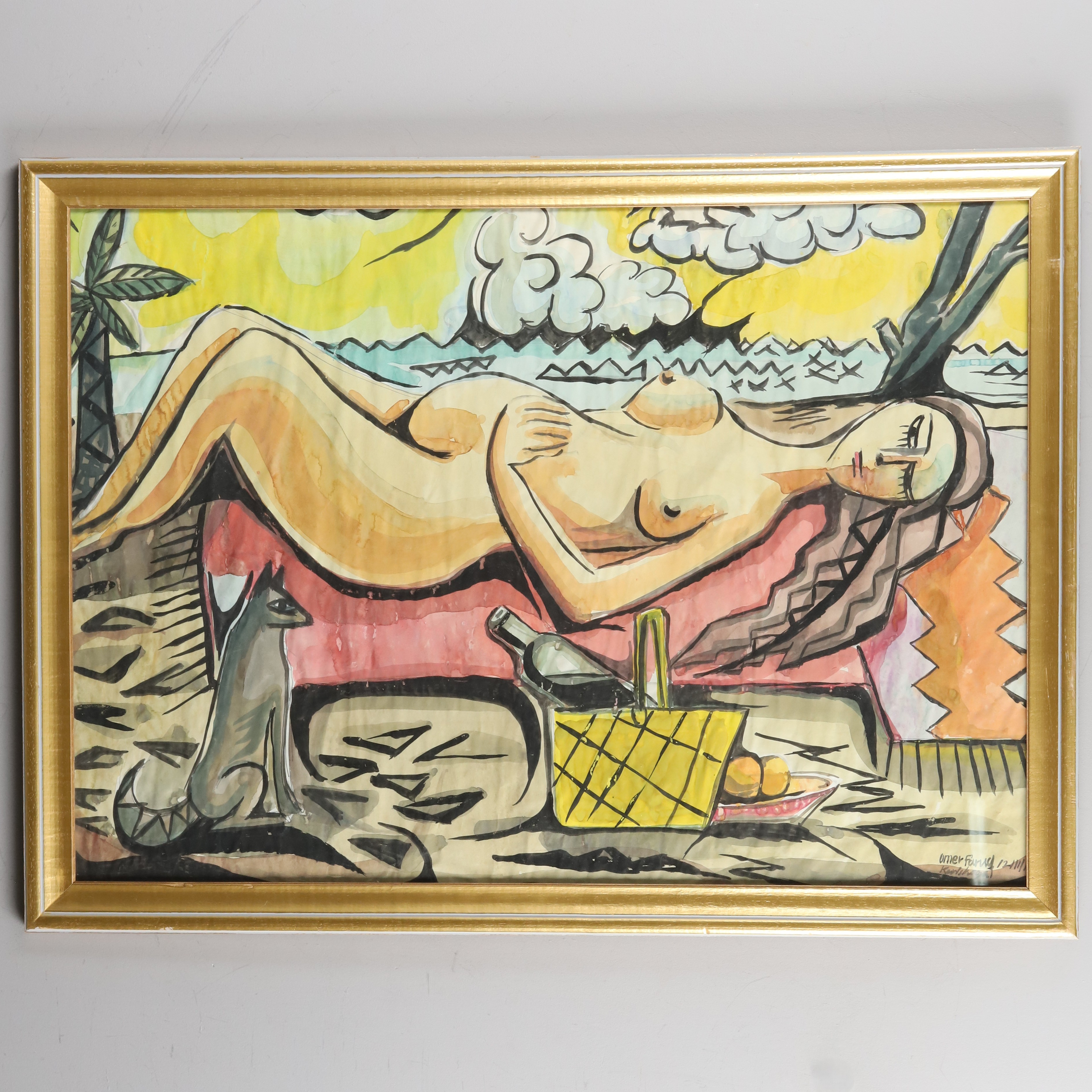 OIDENTIFIERAD KONSTNÄR, blandteknik på papper, "Kvinna på strand", samtida.