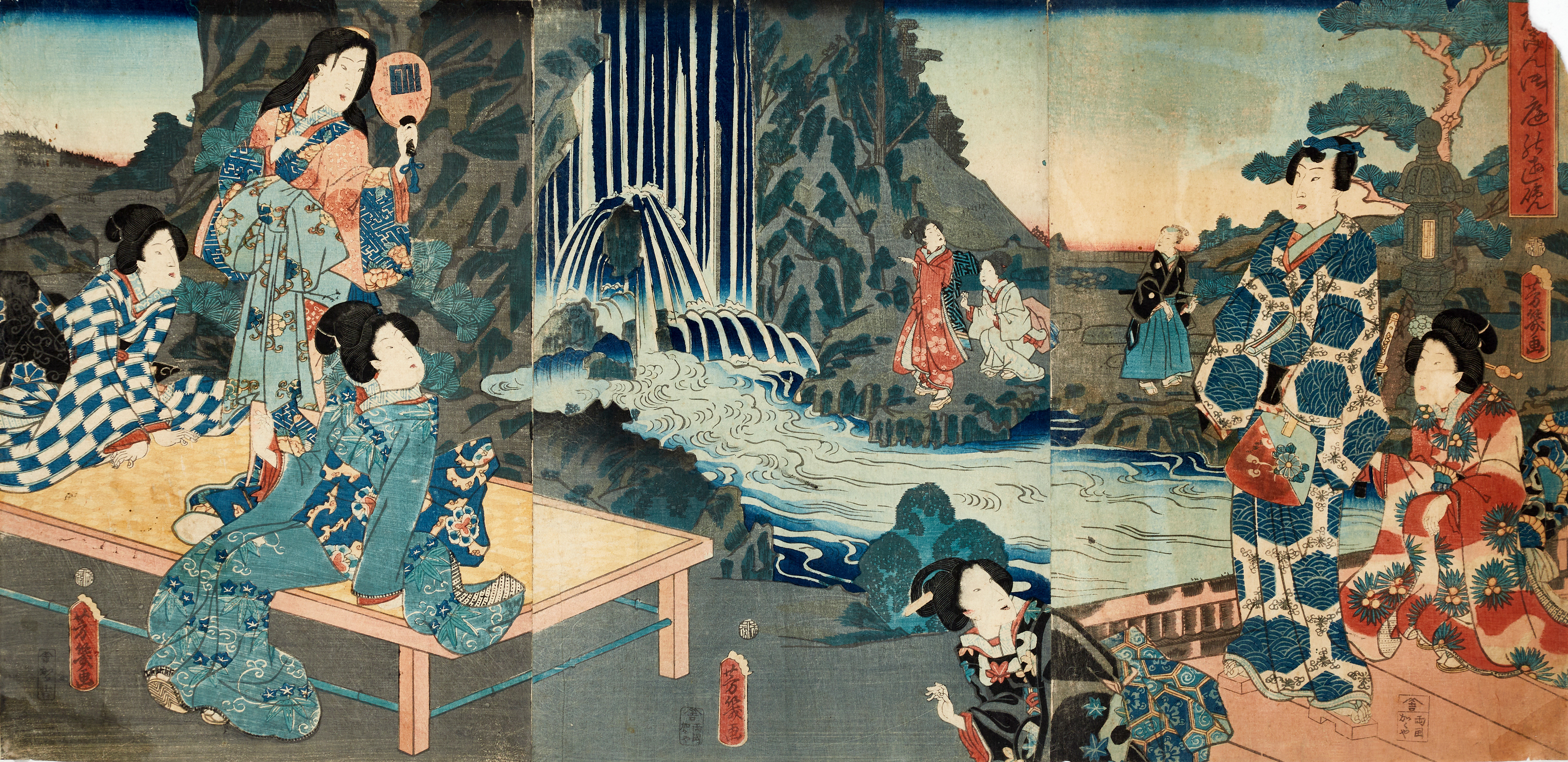 UTAGAWA YOSHIIKU (1833-1904), färgträsnitt, triptyk. "Elegant Genji viewing the garden" (Yasa Genji oniwa no yuran), 1862.