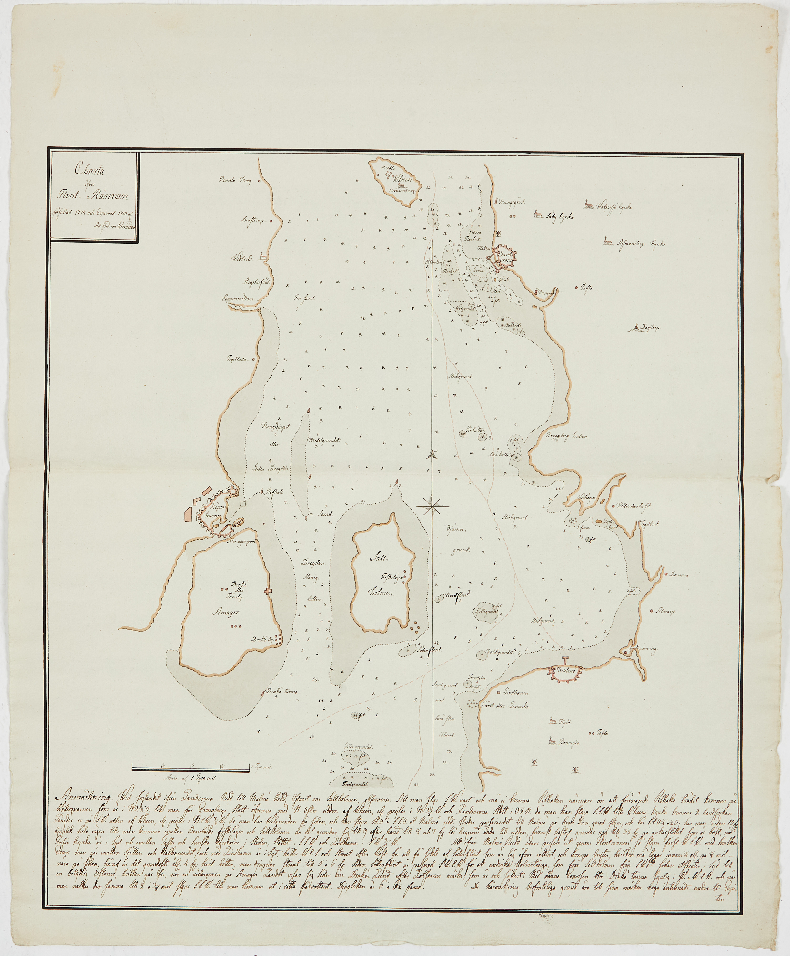 HANDRITAD CHARTA ÖFVER ÖRESUND MED MALMÖ OCH KÖPENHAMN, 1774 / 1801.