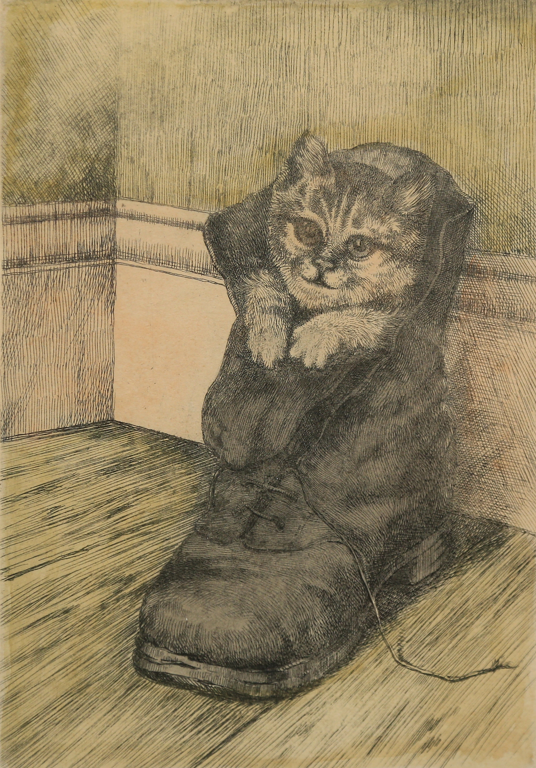 JEAN SKOGLUND. Etsning, kolorerad, "Katt i sko", signerad.