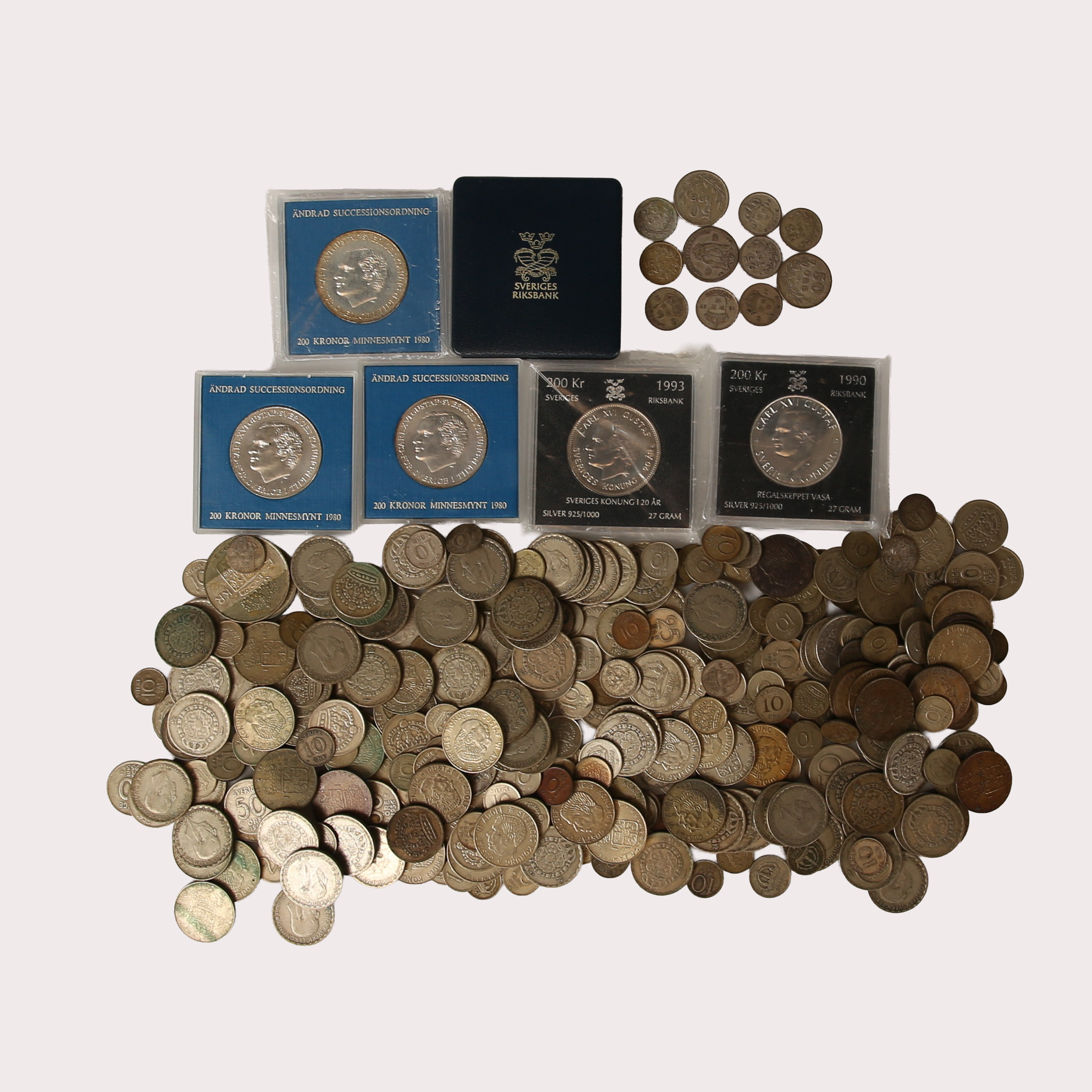 SILVERMYNT, 40, 60, 92,5%, Oscar II - Carl XVI Gustaf, däribland jubileumsmynt. Finvikt 692,1 gram.