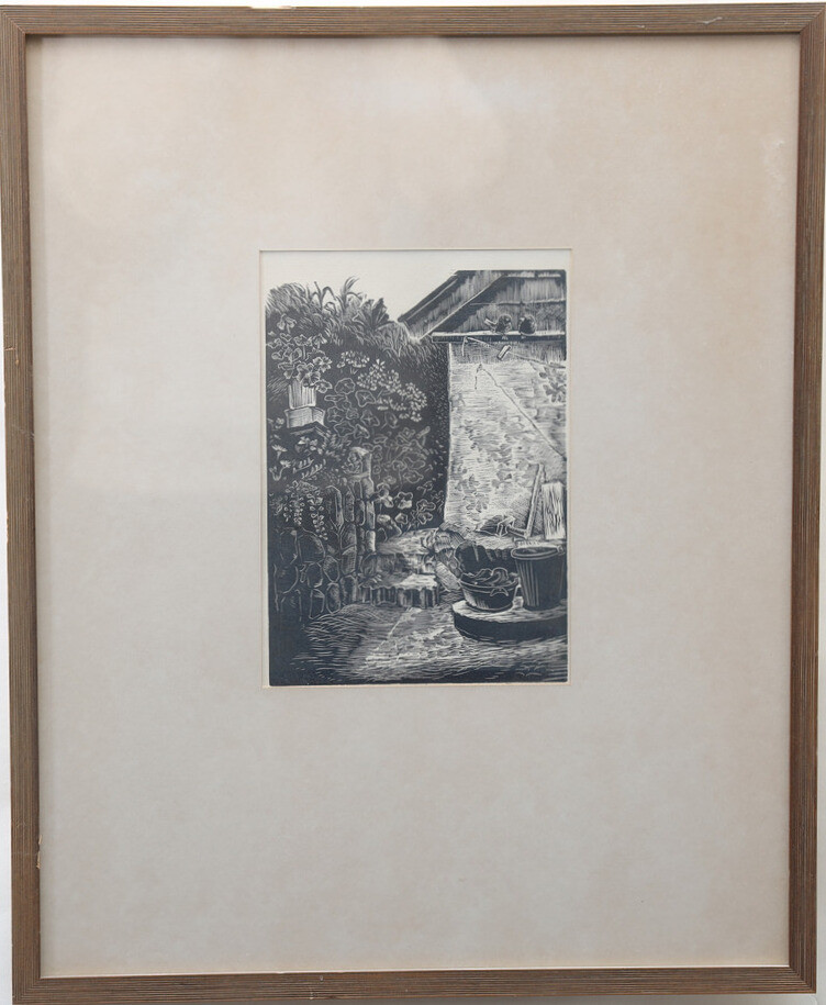 KARIN PERSSON. "Sommarvardag" träsnitt, signerad och daterad 1945.