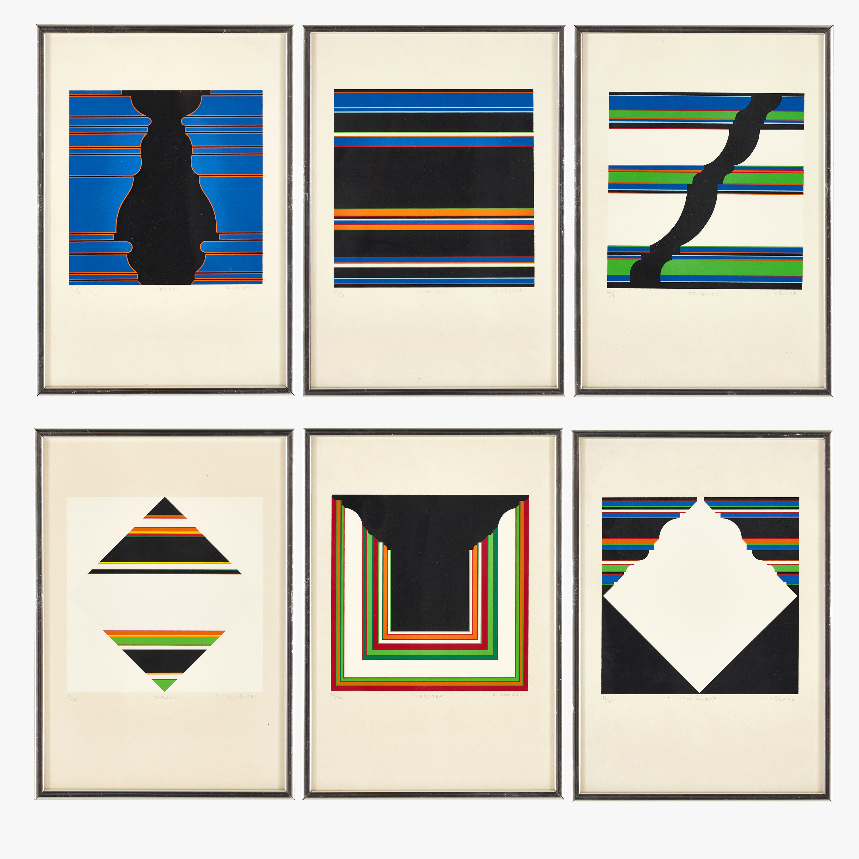 NILS KÖLARE (SVERIGE, 1930–2007). (6 st), geometriska kompositioner, signerade, numrerade 61/121, serigrafi.