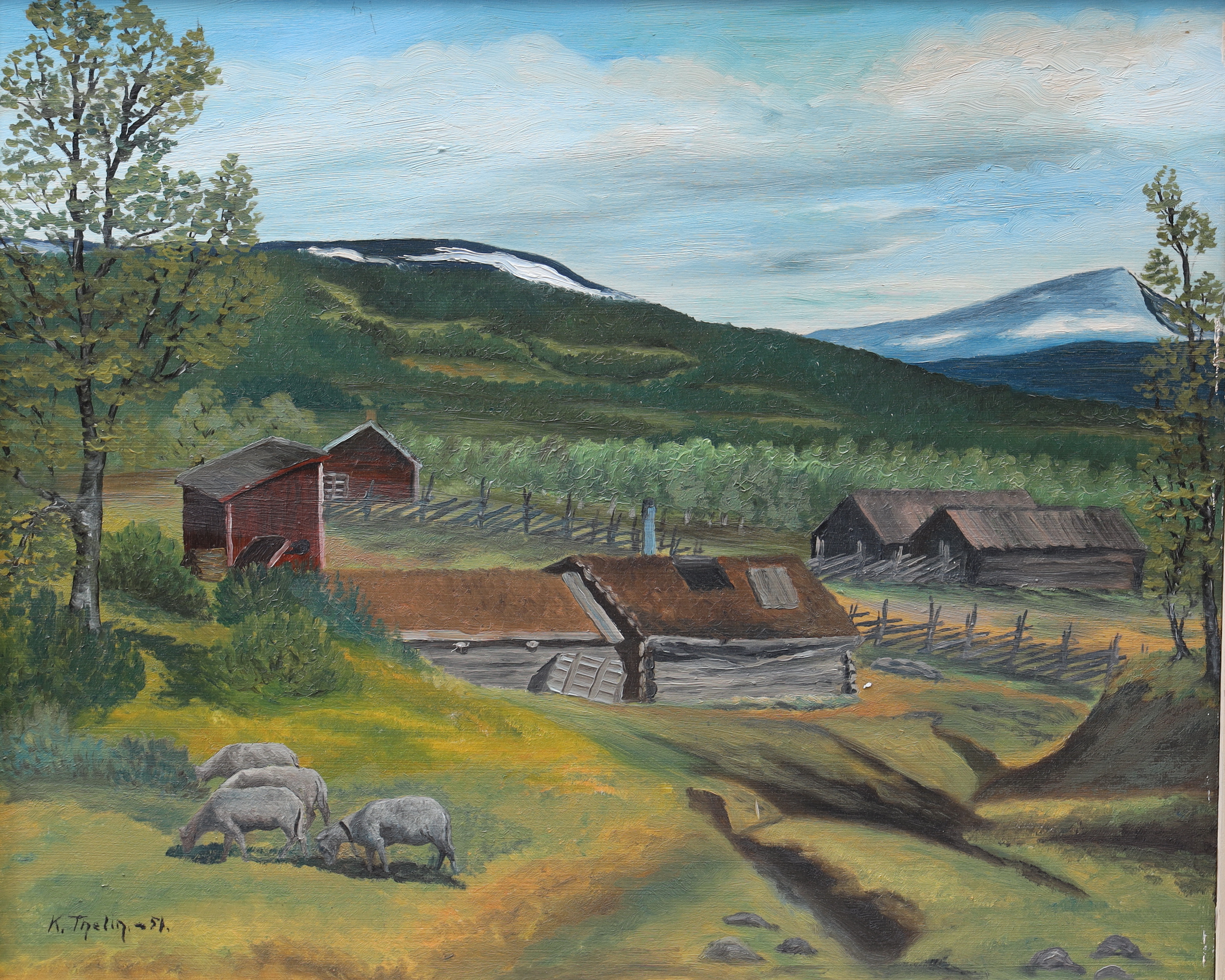 OKÄND KONSTNÄR. Fäbod, olja på pannå, signerad K thelin daterad 51.