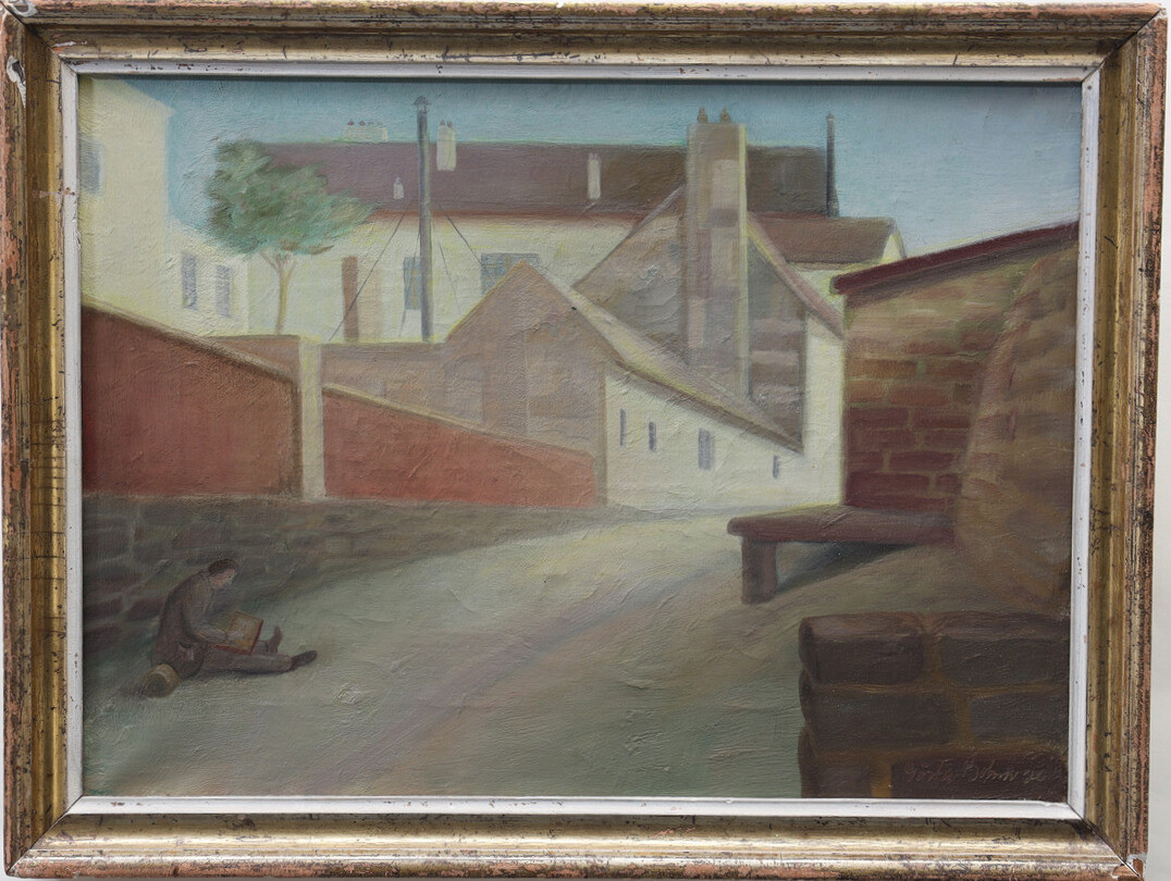 GÖSTA BOHM. Stadsbild med figur, signerad och daterad 26.